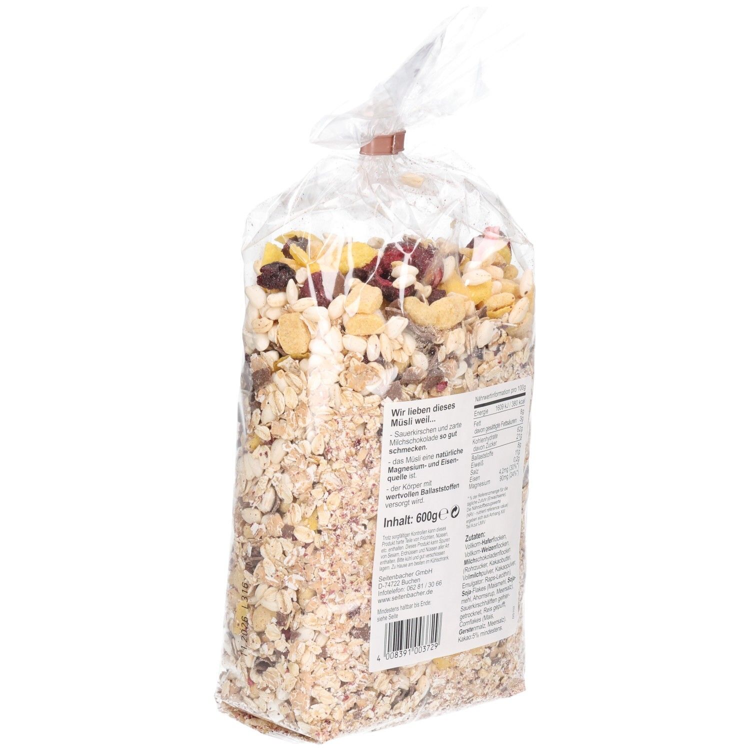 Transparente Tüte mit Müsli. Rückseite mit Nährwertangaben und Zutatenliste. Seitenbacher Müsli Kirsch-Fit.