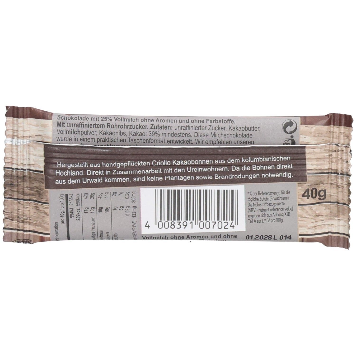 Rückseite der Schokoladenriegelverpackung. Text mit Nährwertangaben und Zutatenliste. Gewicht: 40g.