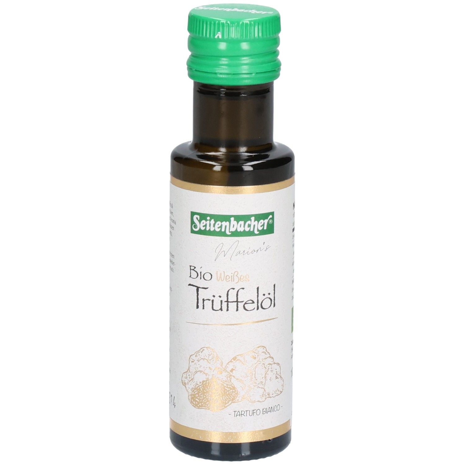 Braune Glasflasche mit grünem Deckel. Etikett mit "Seitenbacher" und "Bio Weißes Trüffelöl". Abbildung von Trüffeln.