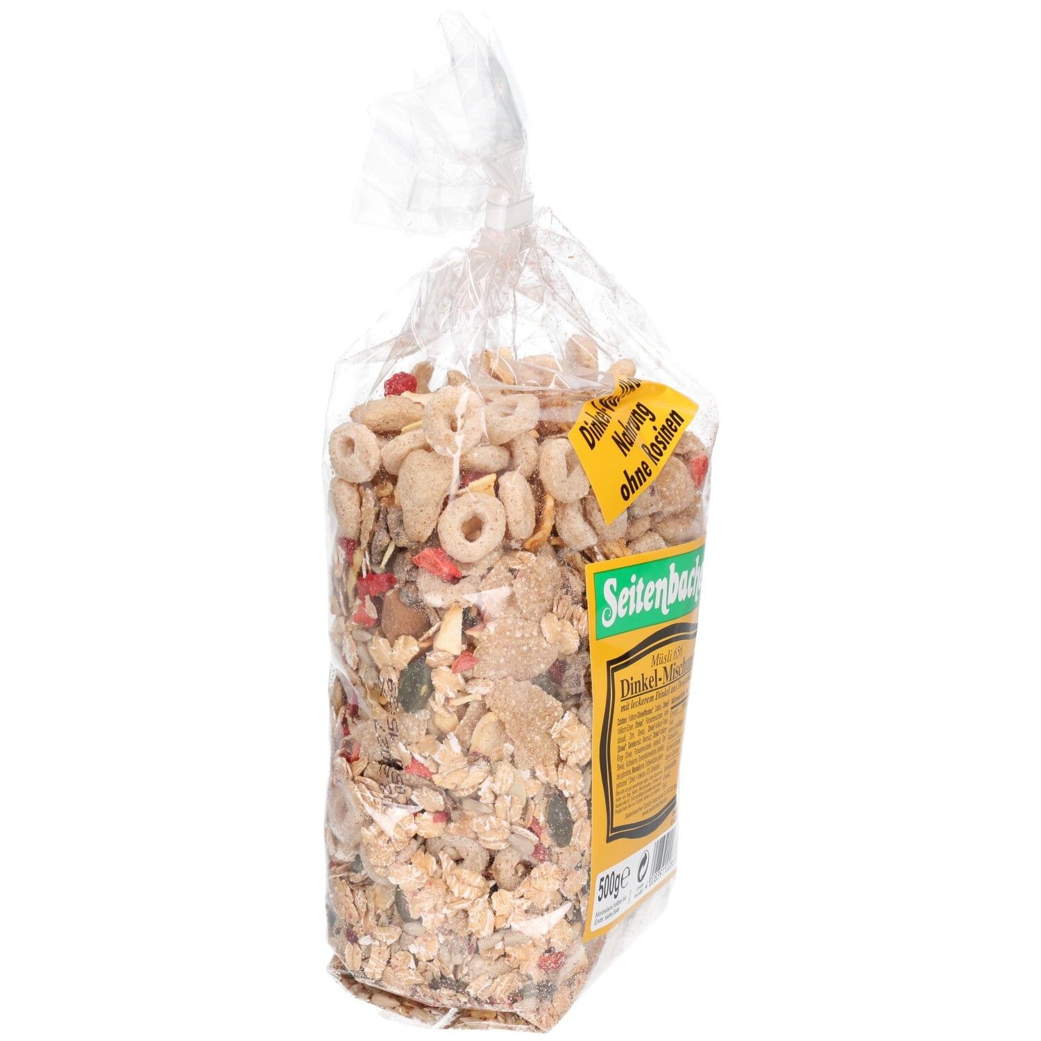 Transparente Tüte mit Müsli-Mischung. Seitenansicht. Aufkleber mit Produktinformationen und Markenname Seitenbacher. Aufschrift: Dinkel-Mischung.