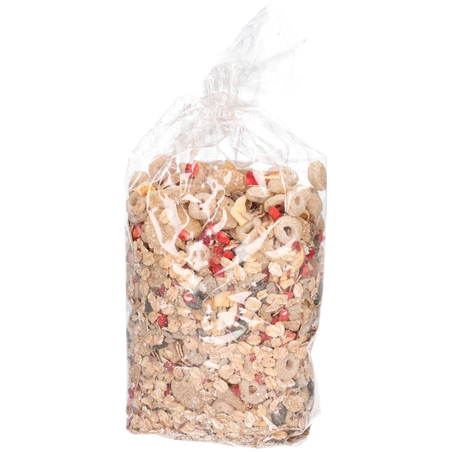 Transparente Tüte mit Müsli-Mischung. Der Inhalt ist sichtbar. Aufschrift: Dinkel-Mischung.