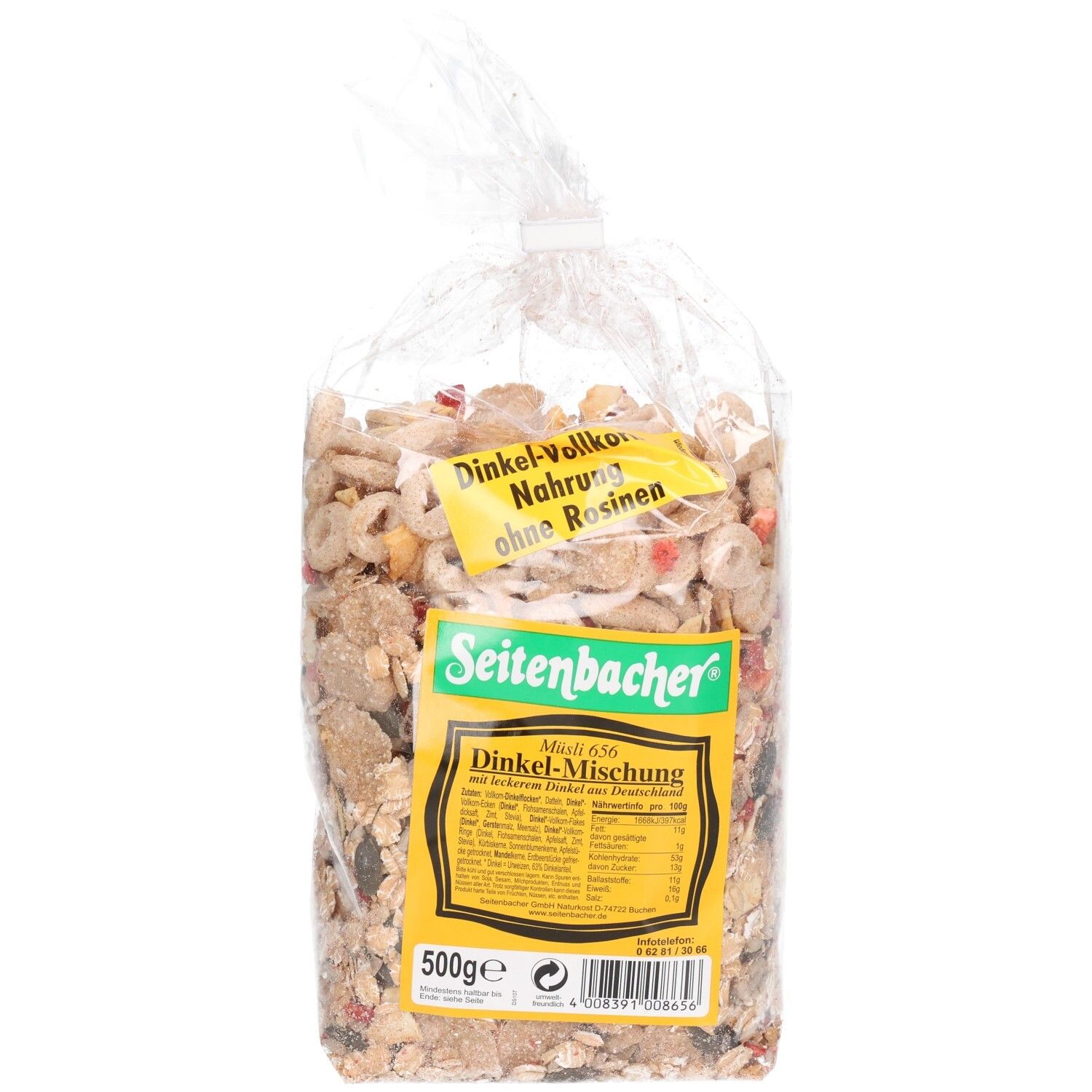 Transparente Tüte mit Müsli-Mischung. Aufkleber mit Produktinformationen und Markenname Seitenbacher. Aufschrift: Dinkel-Mischung.