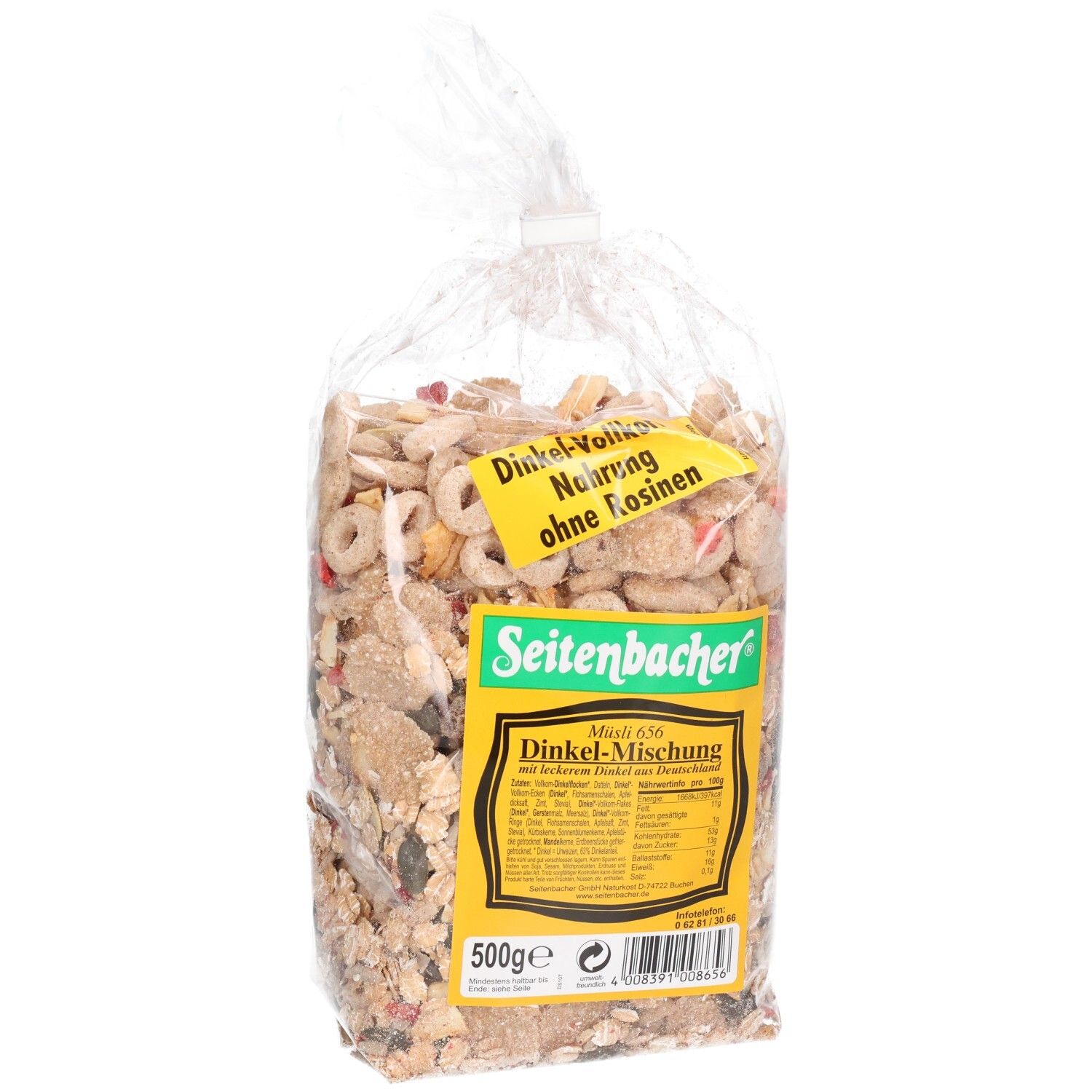 Transparente Tüte mit Müsli-Mischung. Aufkleber mit Produktinformationen und Markenname Seitenbacher. Aufschrift: Dinkel-Mischung.