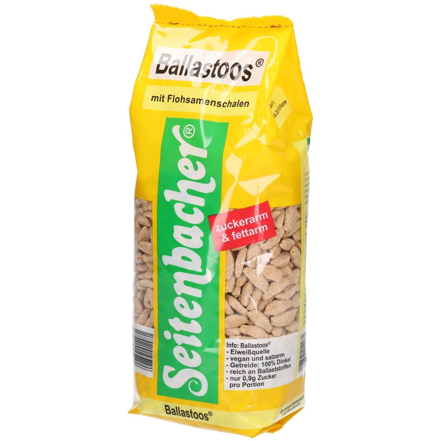 Gelbe Verpackung mit Produktnamen und Logo. Enthält Flohsamenschalen. Text: zuckerarm & fettarm. Seitenbacher-Logo.
