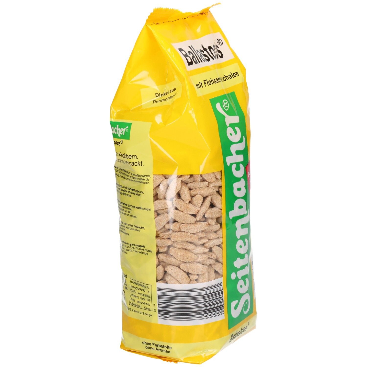 Gelbe Verpackung, Seitenansicht. Produktname und Logo sichtbar. Enthält Flohsamenschalen. Text auf der Rückseite.