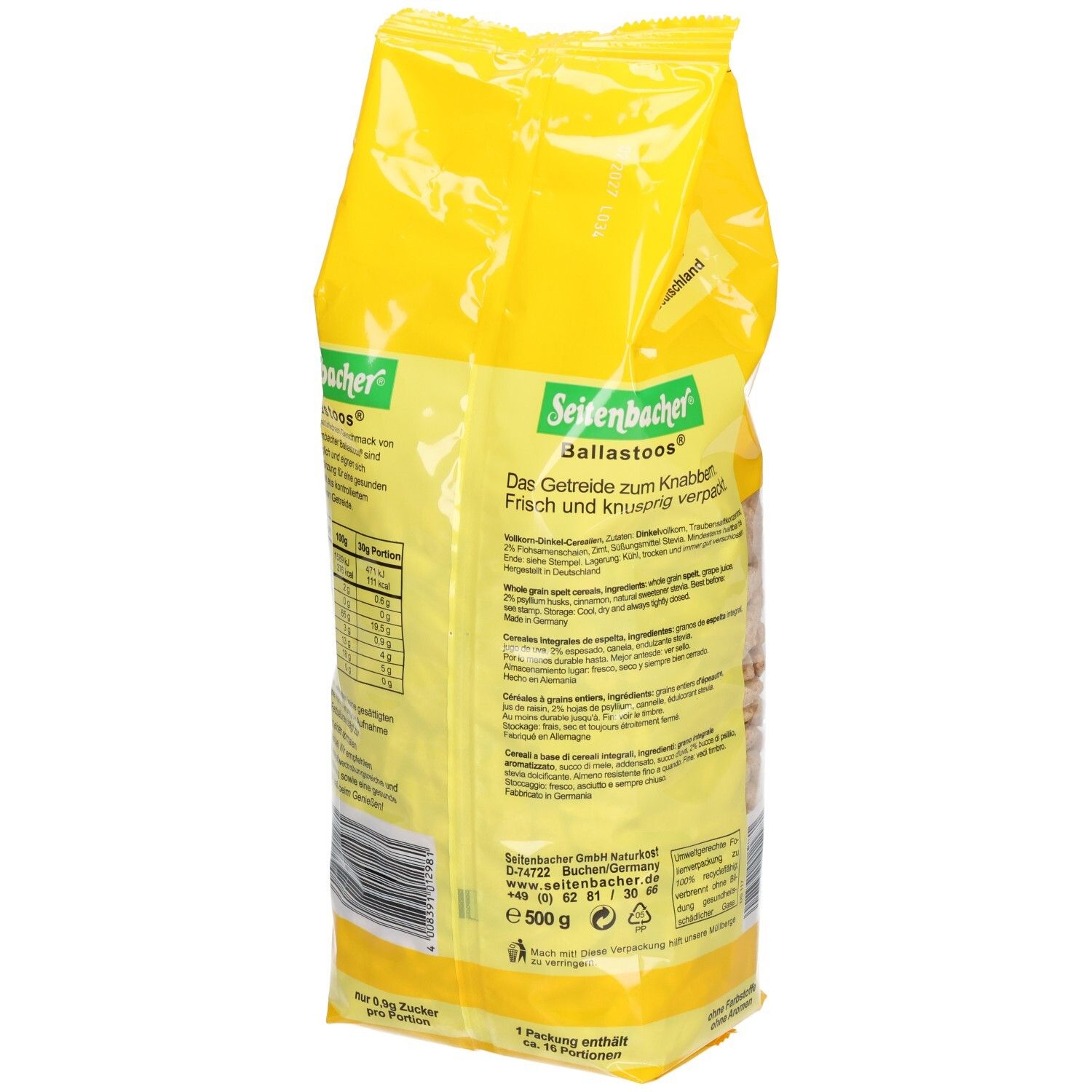 Rückseite der gelben Verpackung. Produktname und Logo. Text mit Nährwertangaben und Inhaltsstoffen. 500g Packung.
