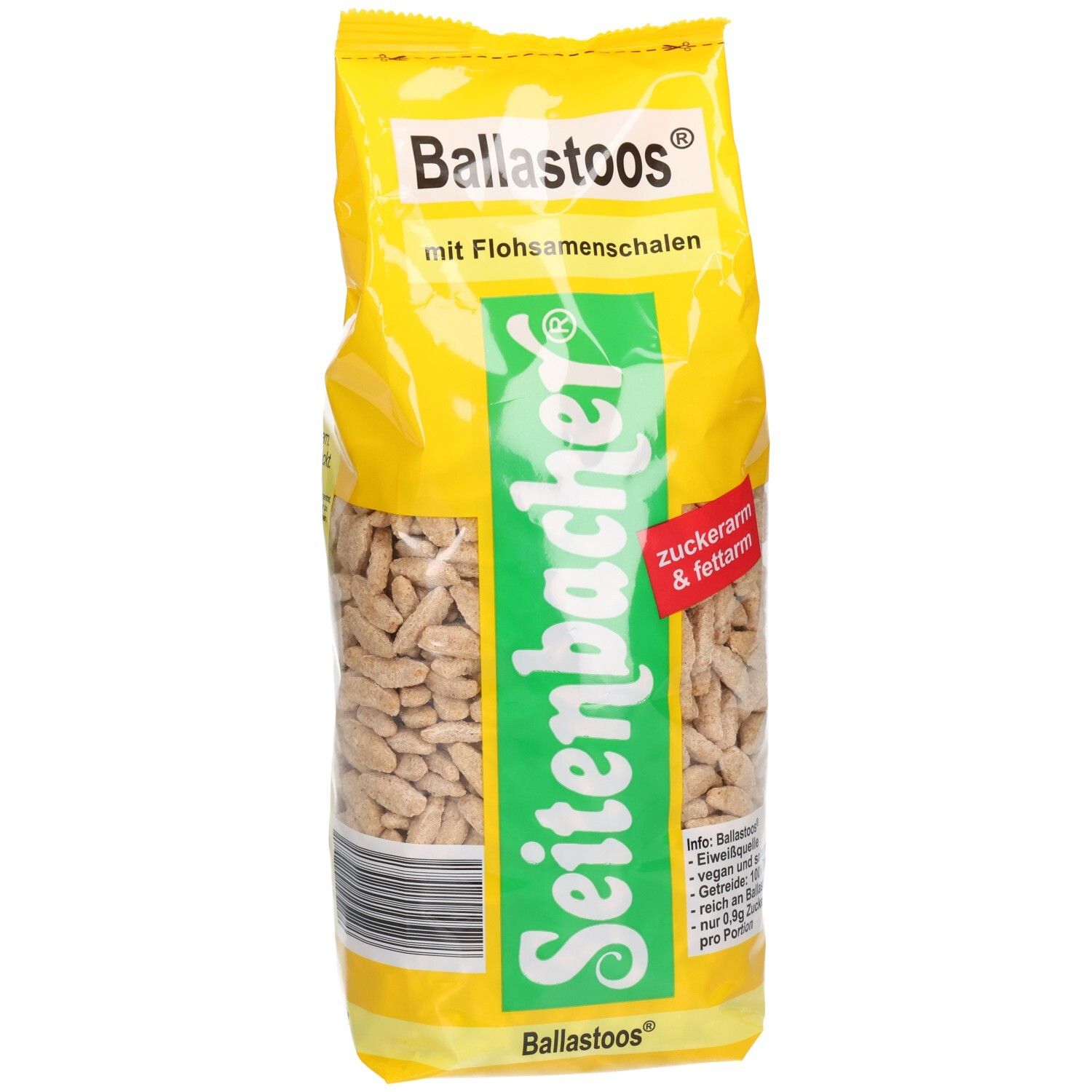Gelbe Verpackung mit Produktnamen und Logo. Enthält Flohsamenschalen. Text: zuckerarm & fettarm. Seitenbacher-Logo.
