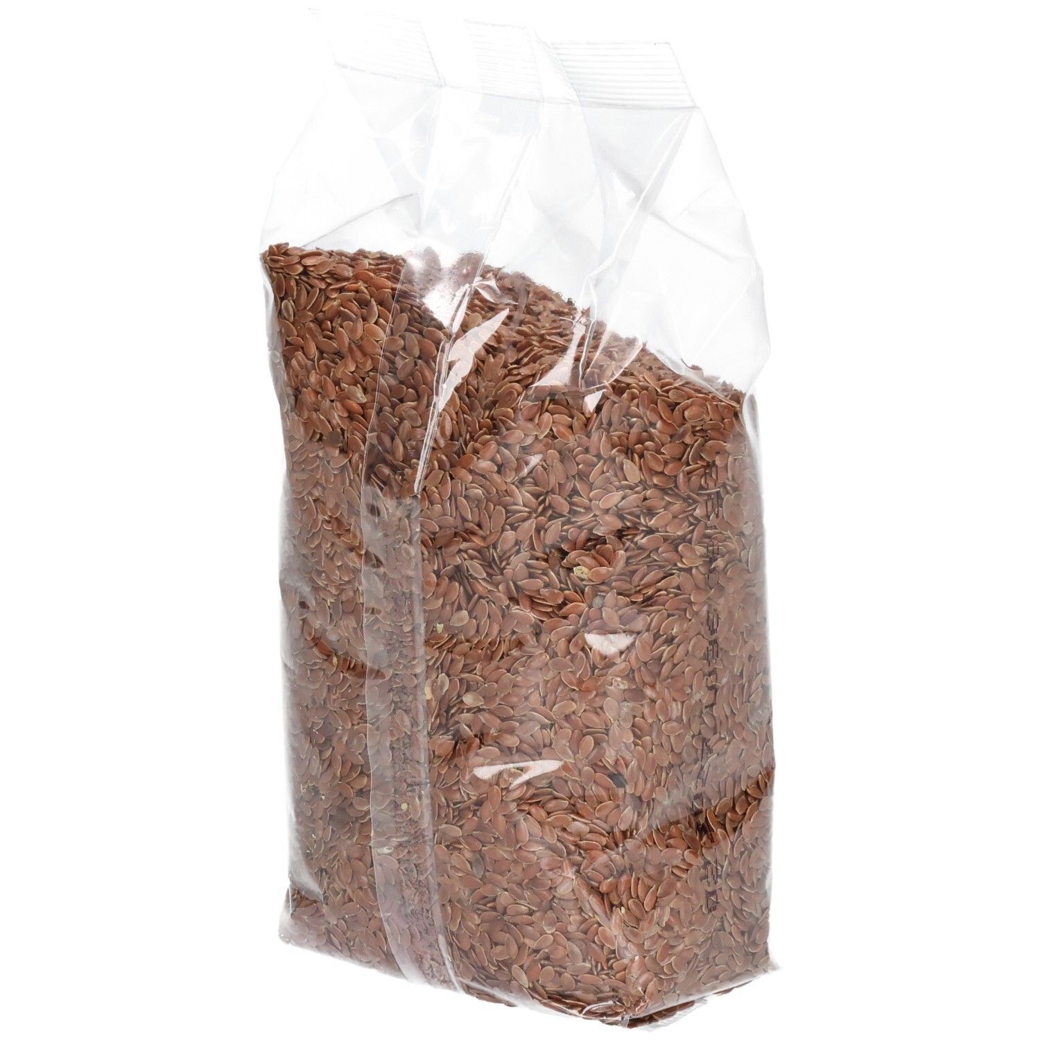 Transparente Verpackung mit Bio-Leinsaat. Seitenansicht. Produkt ist sichtbar.