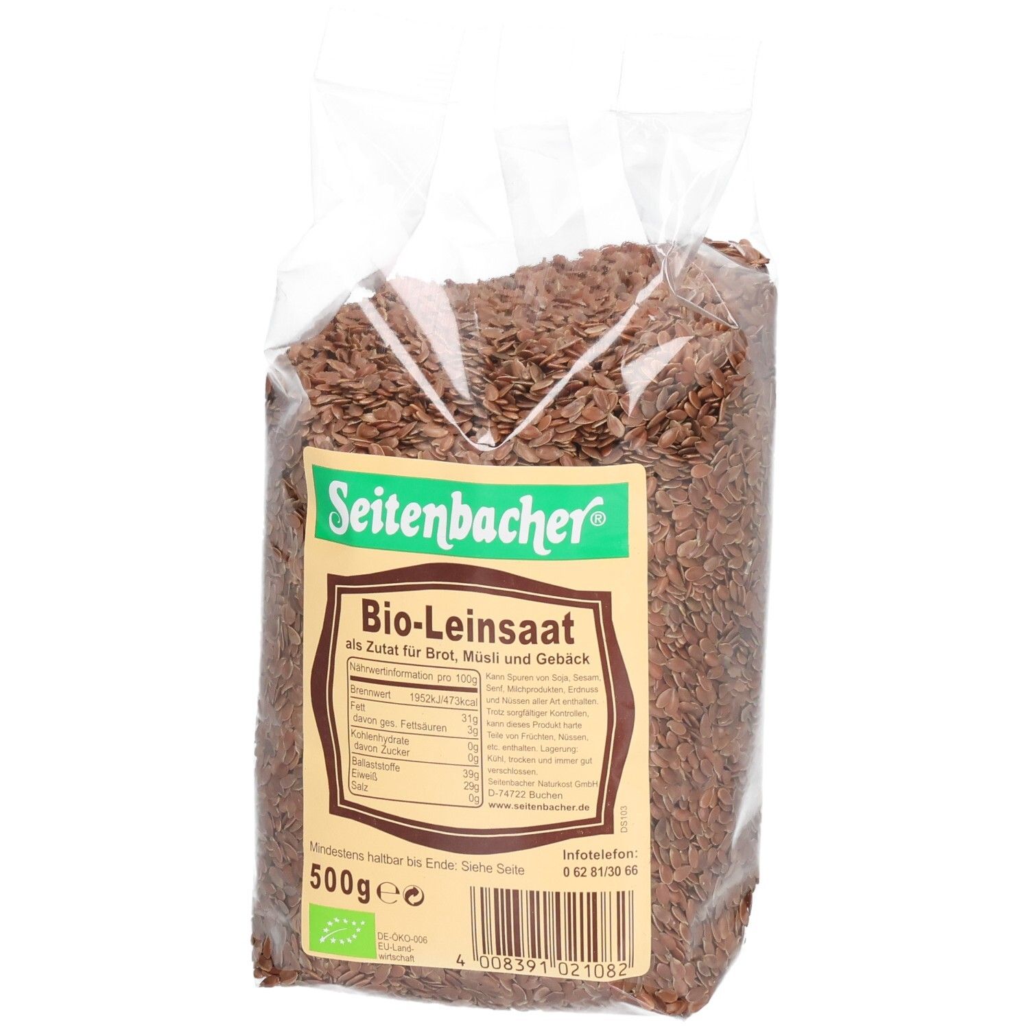 Transparente Verpackung mit Bio-Leinsaat. Aufdruck: Seitenbacher, Bio-Leinsaat, 500g, EU-Bio-Siegel.