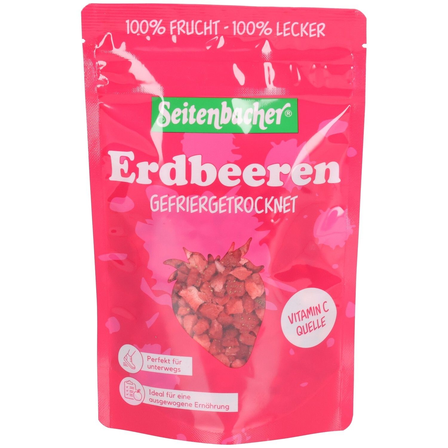 Rosa Beutel mit getrockneten Erdbeeren. Seitenbacher-Logo und Produktname. Text: 100% Frucht, 100% lecker. Vitamin C Quelle.