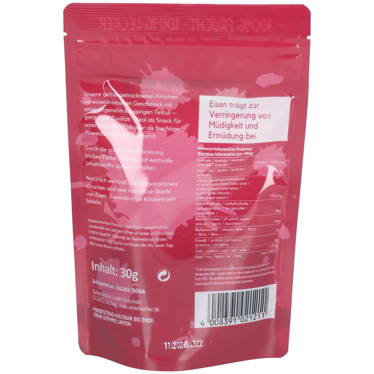 Rückseite der Verpackung von Seitenbacher Kirschen. Text, Nährwertangaben, Inhaltsangabe: 30g. Barcode und Mindesthaltbarkeitsdatum.