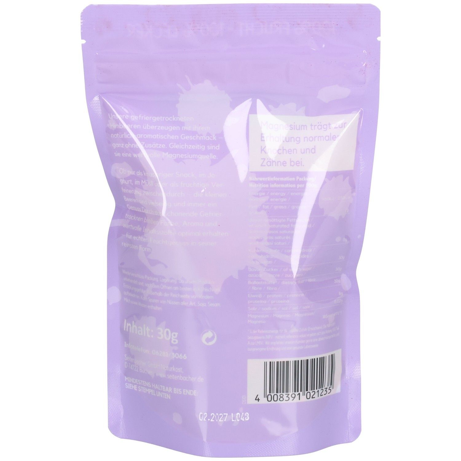 Rückseite des Beutels mit gefriergetrockneten Himbeeren. Aufschrift: Inhalt 30g. Barcode und weitere Informationen.