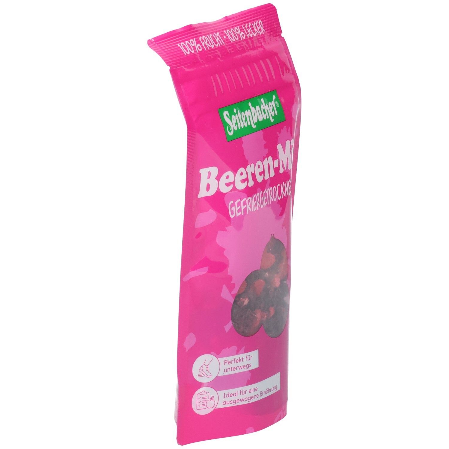 Rosa Beutel Seitenbacher Beeren-Mix. Gefriergetrocknete Beeren. Aufdrucke: 100% Frucht, 100% lecker. Ansicht von der Seite.