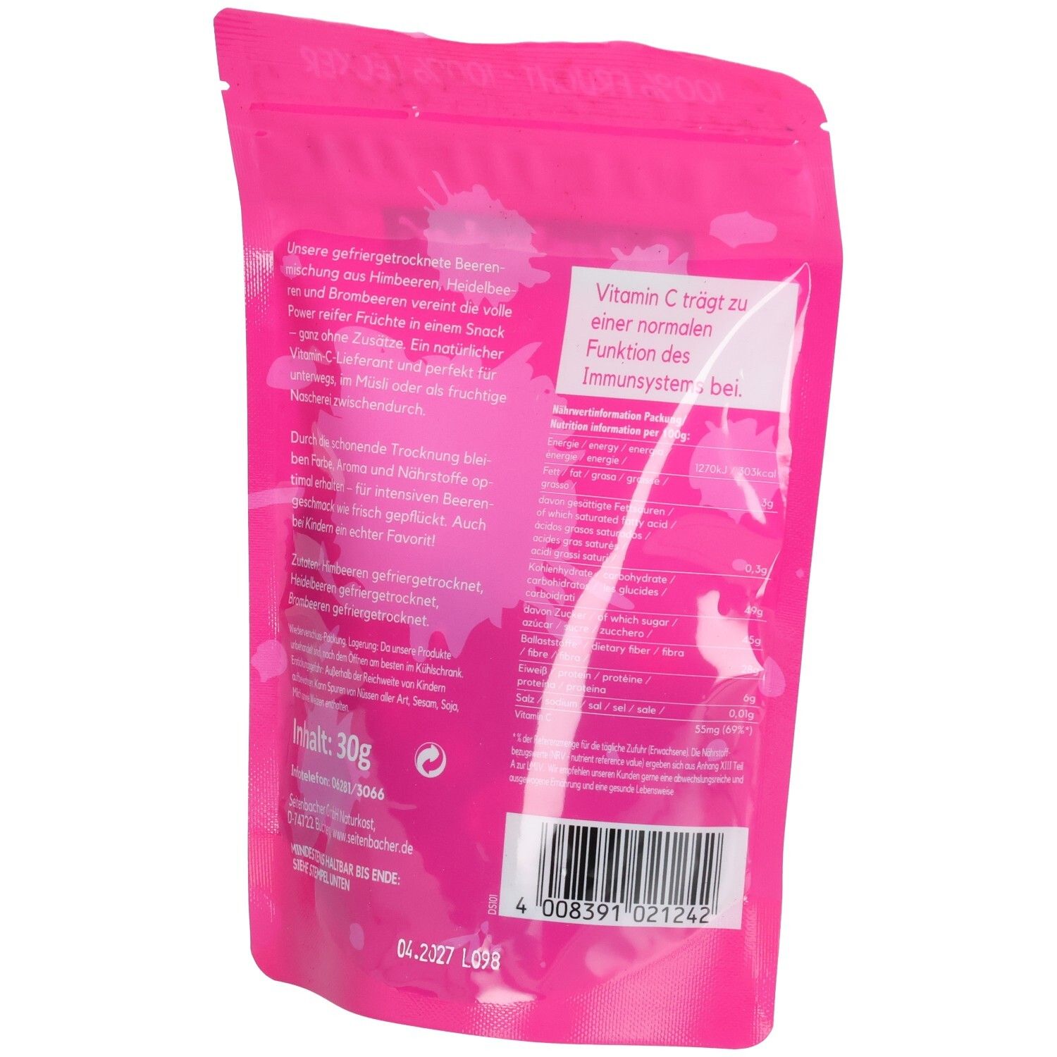 Rückseite des rosa Beutels Seitenbacher Beeren-Mix. Informationen zu Inhaltsstoffen und Nährwerten. Text in Deutsch.