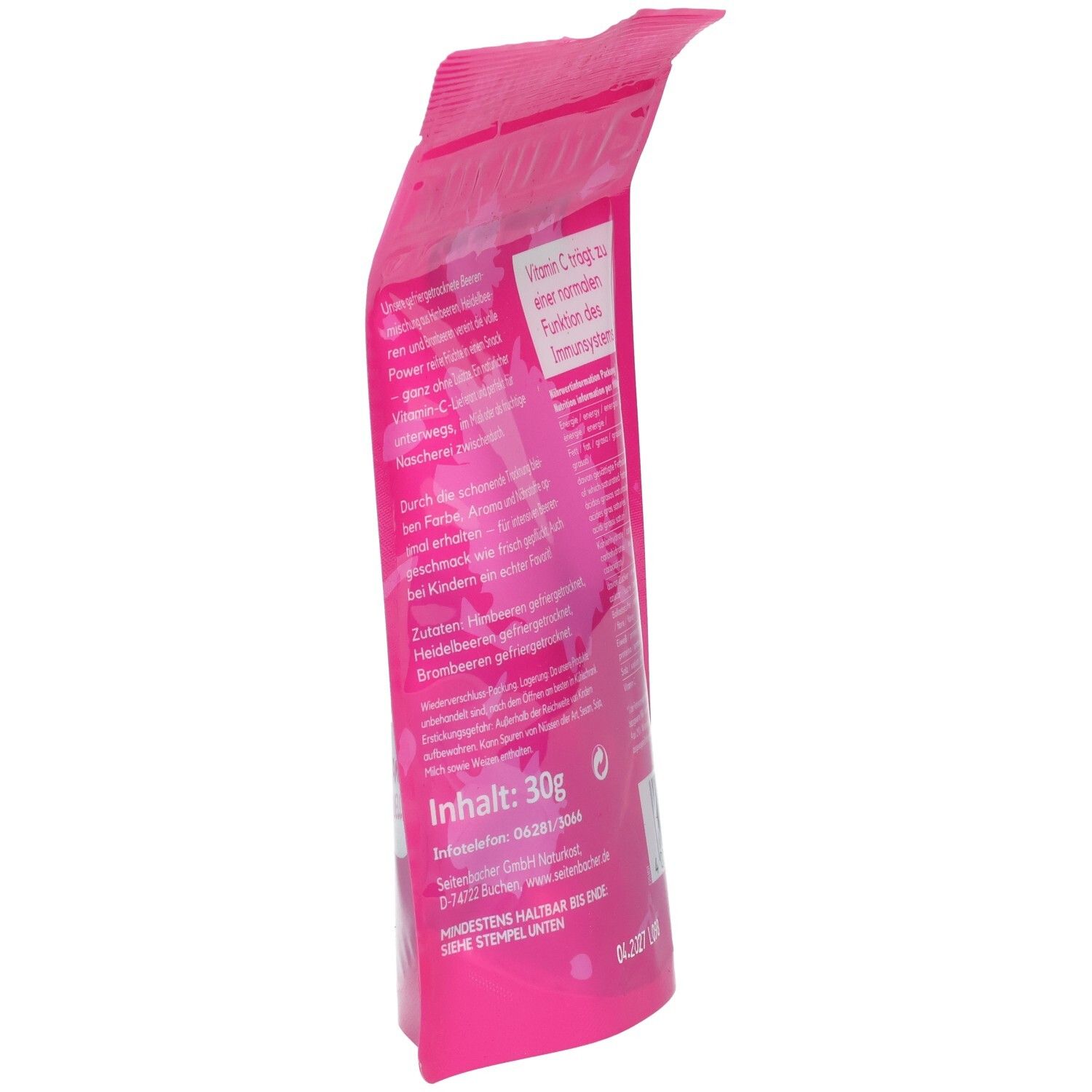 Seitenansicht des rosa Beutels Seitenbacher Beeren-Mix. Text in Deutsch. Inhalt: 30g.