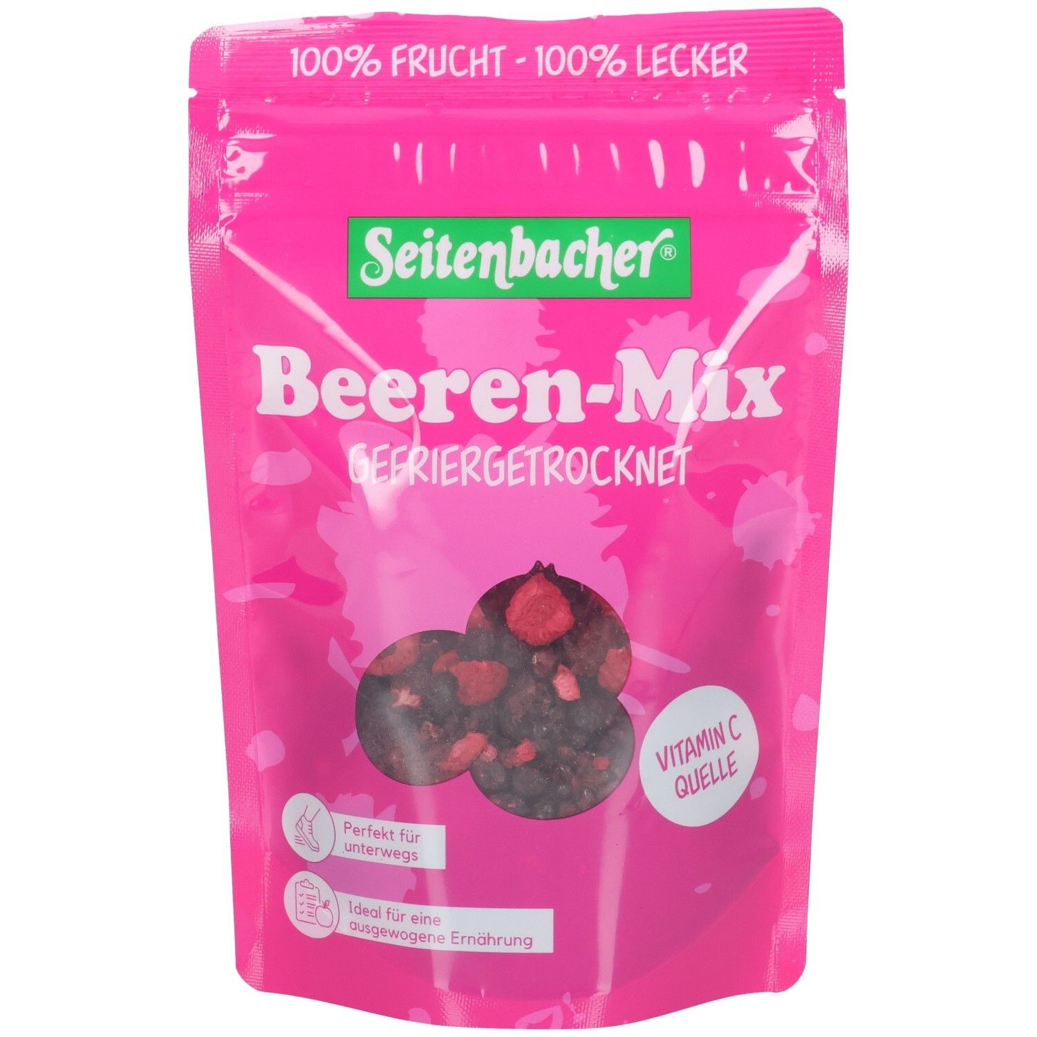 Rosa Beutel Seitenbacher Beeren-Mix. Gefriergetrocknete Beeren. Vitamin C Quelle. Aufdrucke: 100% Frucht, 100% lecker.