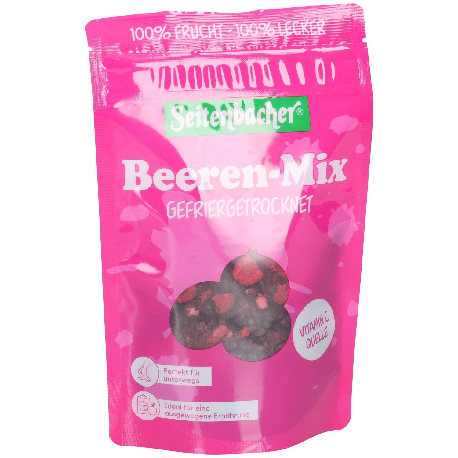 Rosa Beutel Seitenbacher Beeren-Mix. Gefriergetrocknete Beeren. Vitamin C Quelle. Aufdrucke: 100% Frucht, 100% lecker.