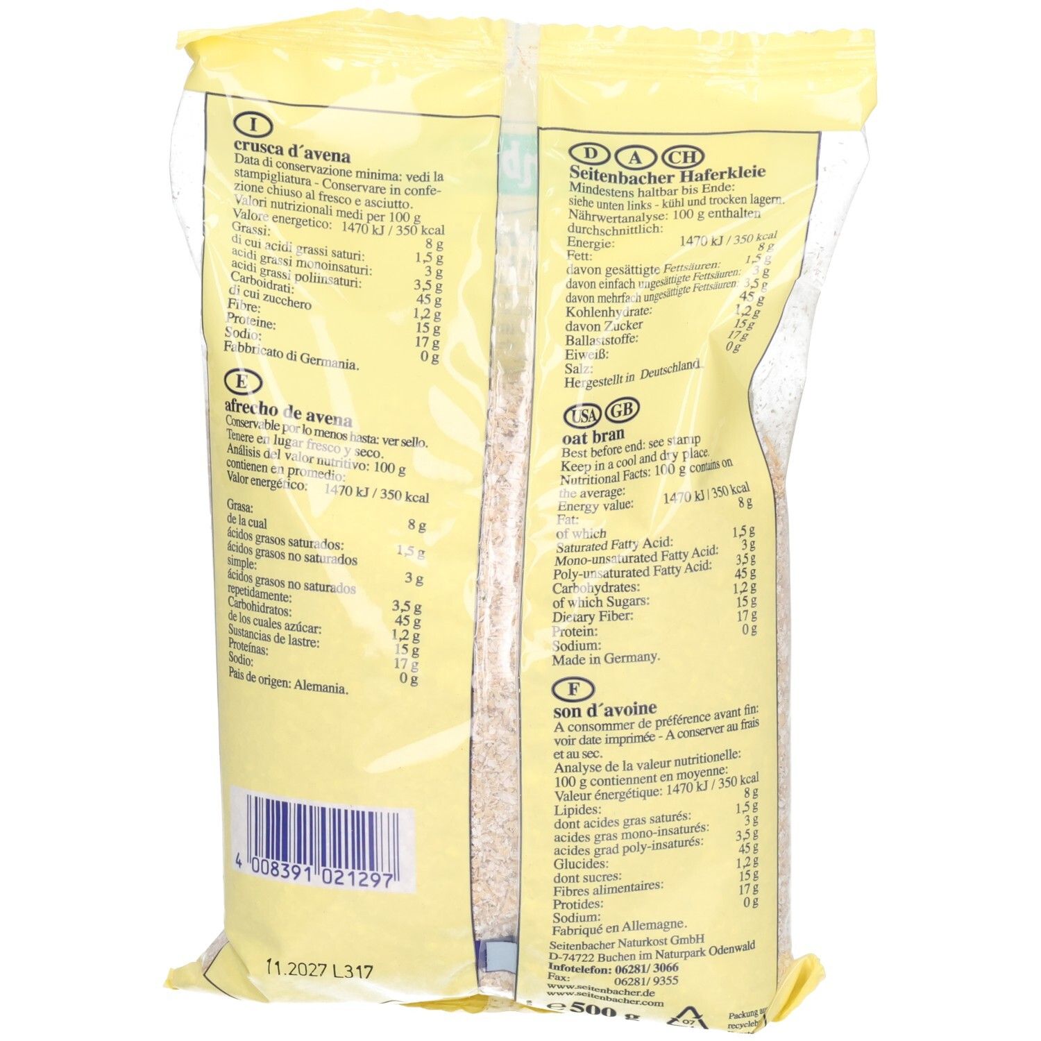 Rückseite der transparenten Verpackung mit Nährwertangaben und Text in verschiedenen Sprachen. 500g Packung.