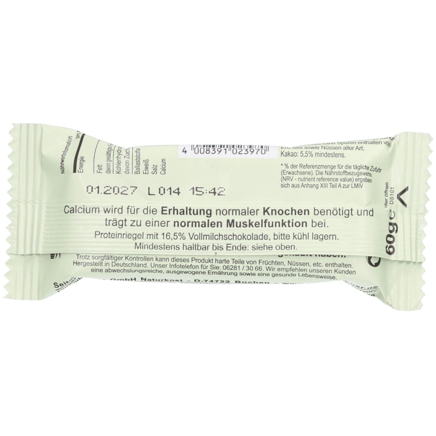 Rückseite der Verpackung eines Seitenbacher Matcha-Riegels. Enthält Text, Barcode und Gewichtsangabe: 60g.