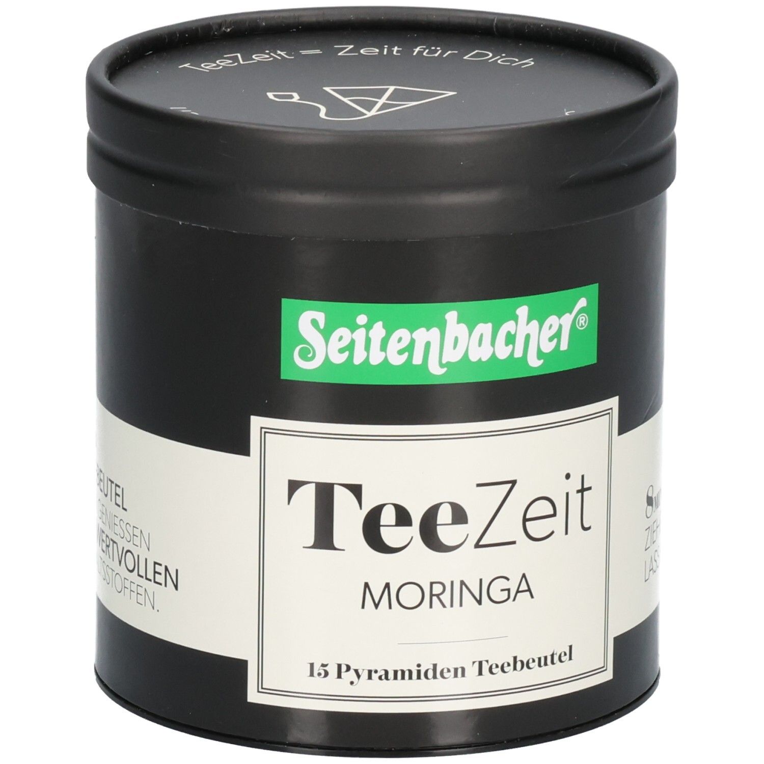 Schwarze Dose mit grünem Seitenbacher-Logo und weißem Etikett. Aufschrift: TeeZeit MORINGA, 15 Pyramiden Teebeutel.