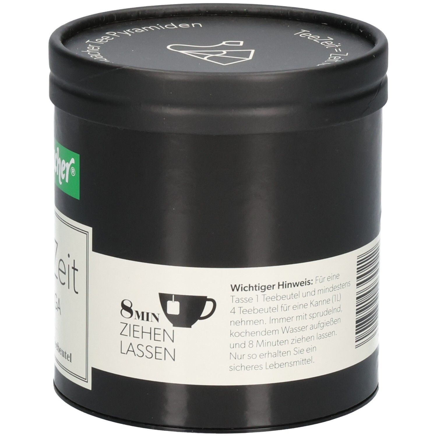 Schwarze Dose mit weißem Etikett. Aufschrift: 8 MIN ZIEHEN LASSEN. Wichtiger Hinweis: 1 Teebeutel für 1 Tasse, 4 Teebeutel für Kanne.