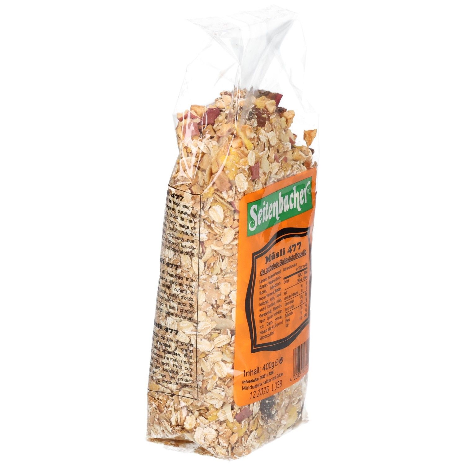 Müslipackung in transparenter Folie. Seitenbacher-Logo und Produktbezeichnung Müsli 477 auf dem Etikett. Inhalt 400g.