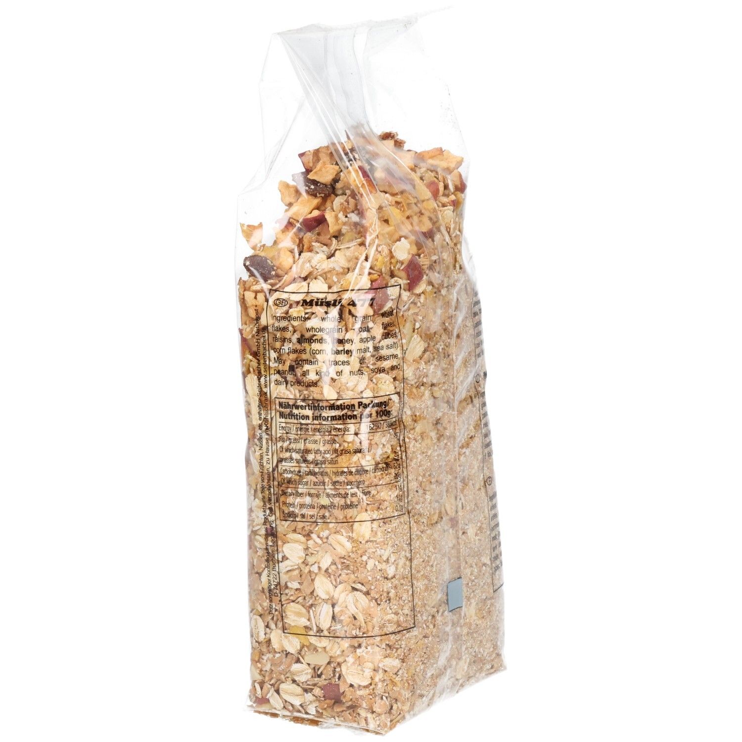 Schrägansicht einer transparenten Müsli-Verpackung. Etikett mit Produktinformationen. Inhalt 400g.