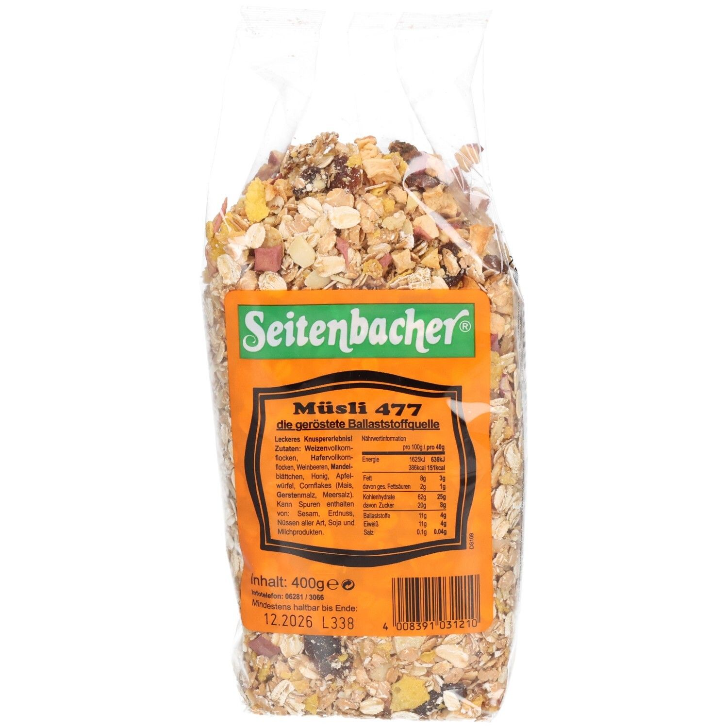 Müslipackung in transparenter Folie. Seitenbacher-Logo und Produktbezeichnung Müsli 477 auf dem Etikett. Inhalt 400g.