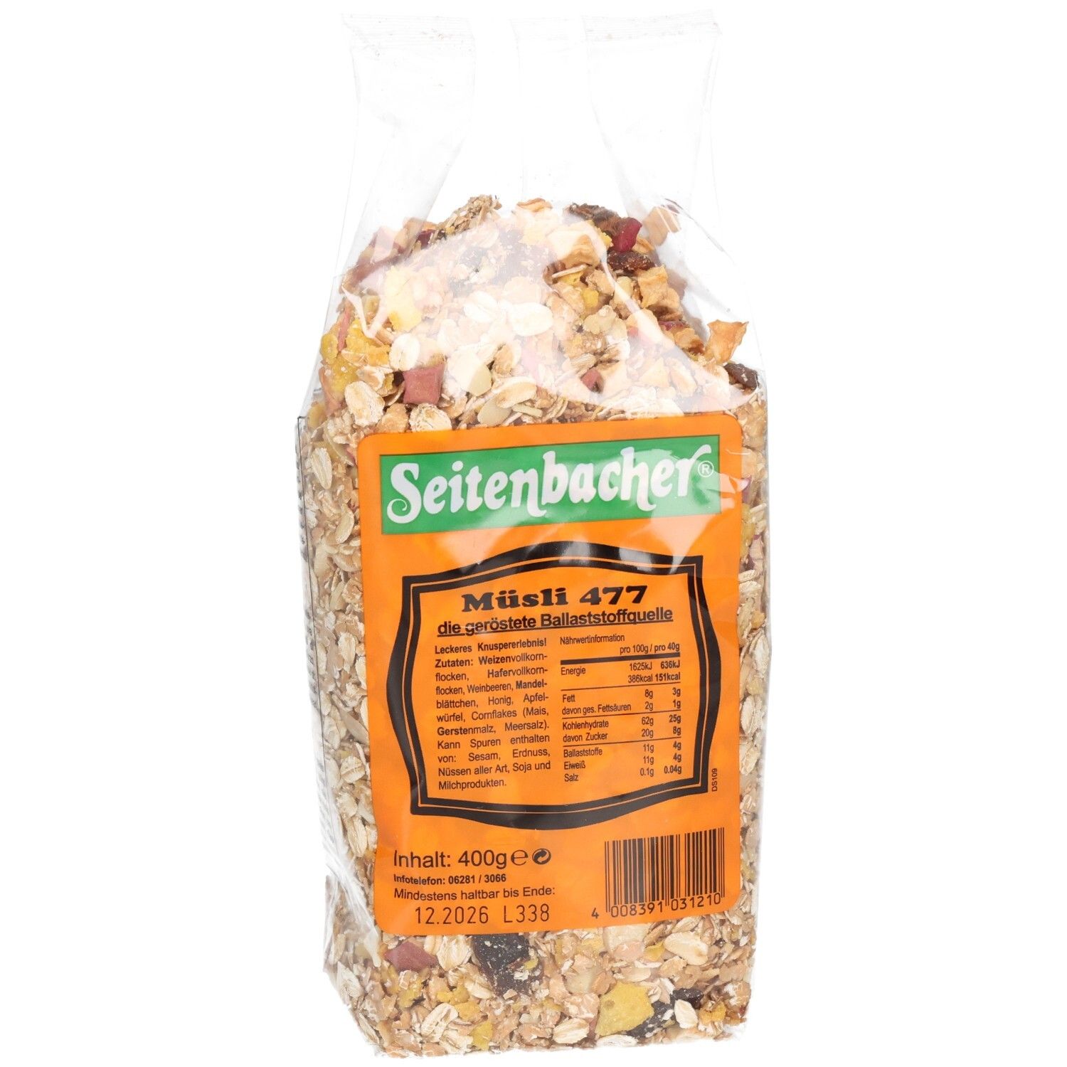 Müslipackung in transparenter Folie. Seitenbacher-Logo und Produktbezeichnung Müsli 477 auf dem Etikett. Inhalt 400g.