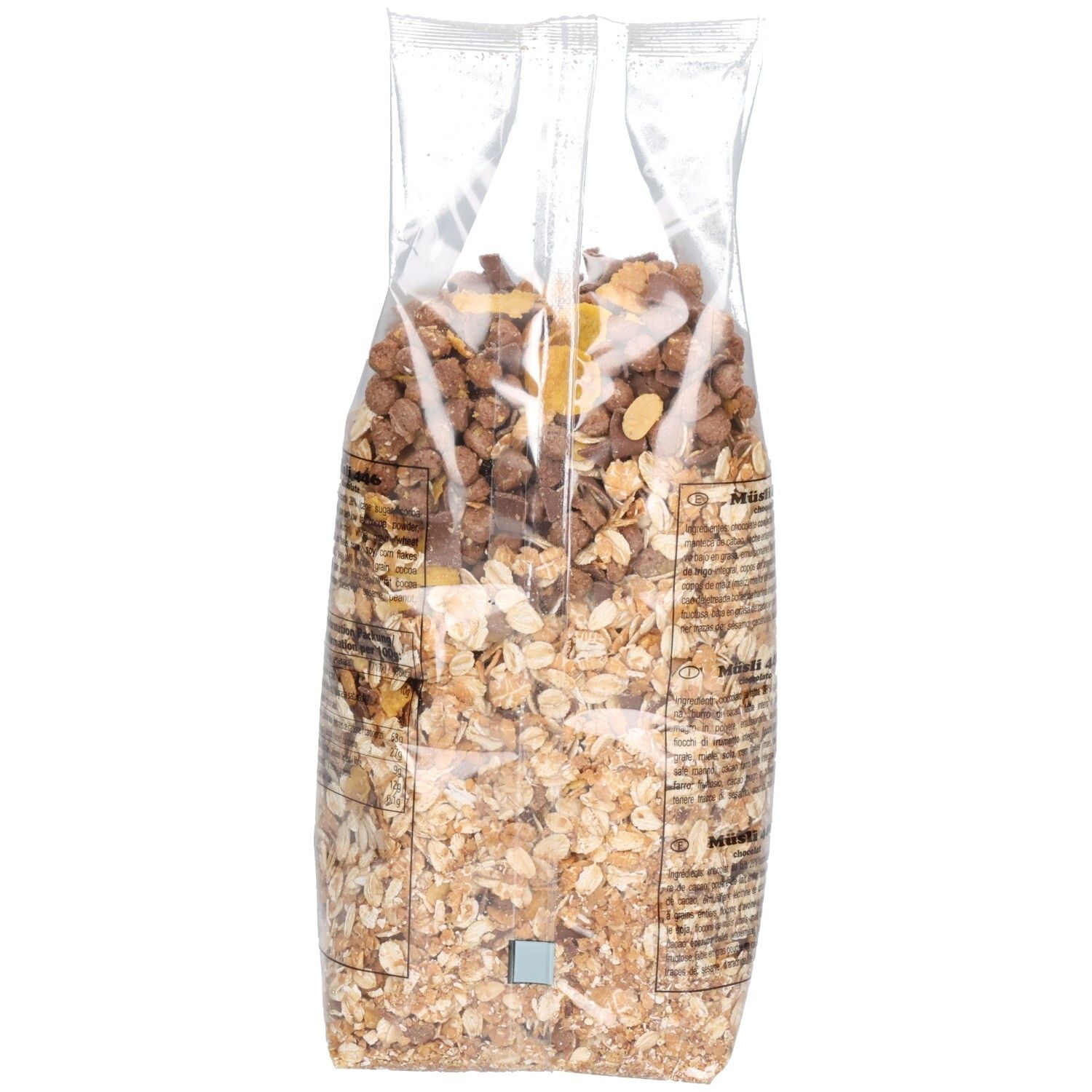 Transparente Tüte mit Müsli. Rückseite mit Text. Braune und goldene Bestandteile sichtbar.