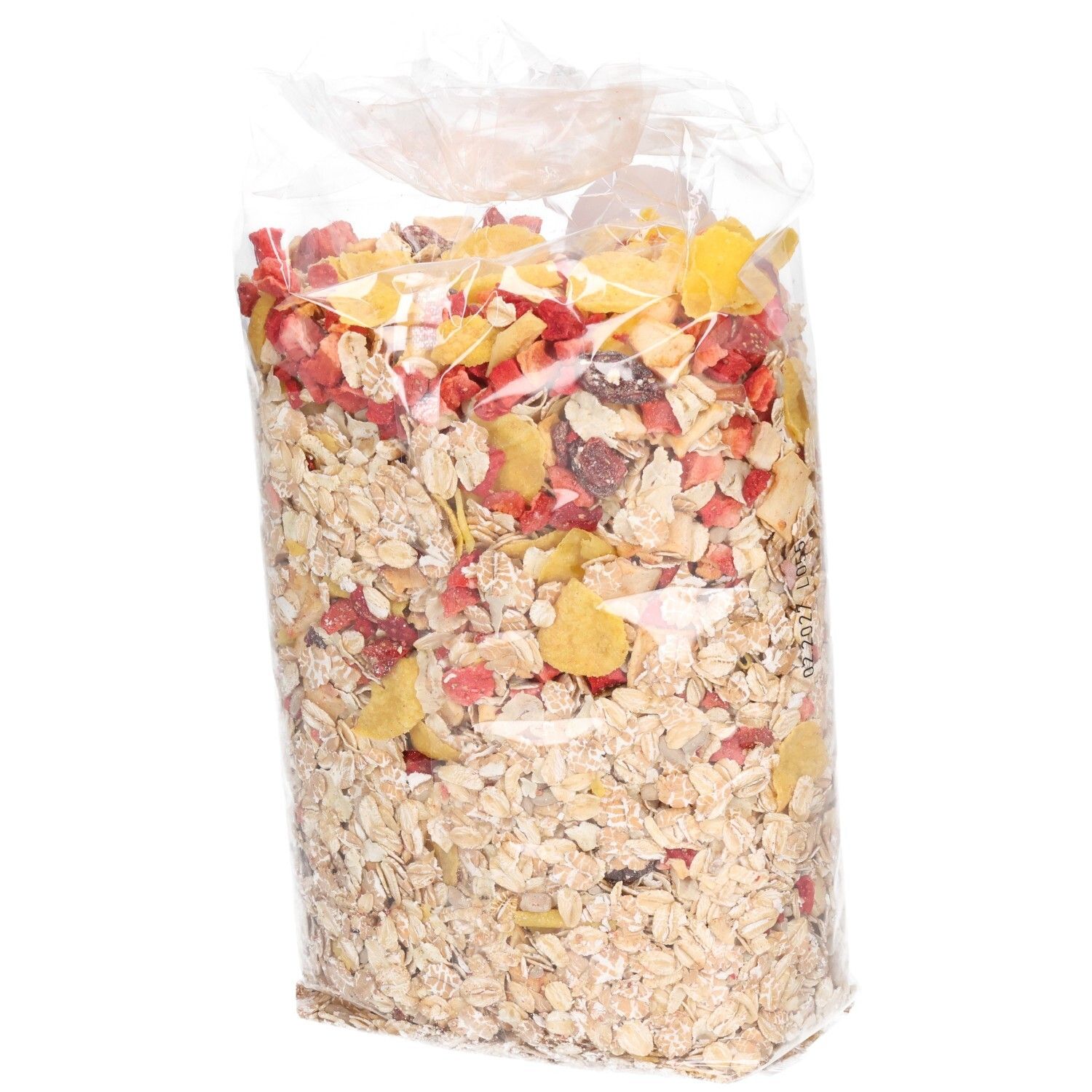 Transparente Verpackung mit Müsli. Inhalt sichtbar. Ohne Aufschrift.