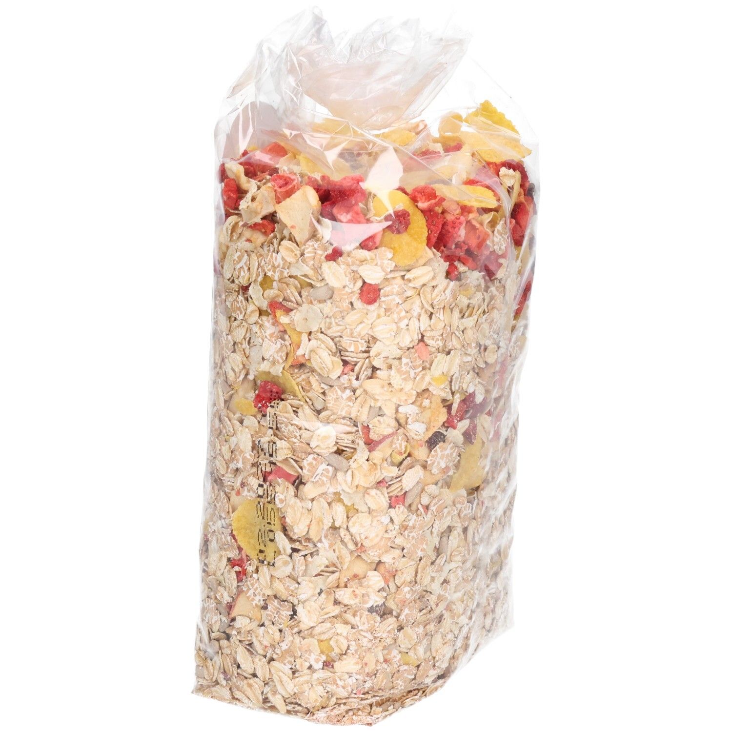 Transparente Verpackung mit Müsli. Inhalt sichtbar. Ohne Aufschrift.
