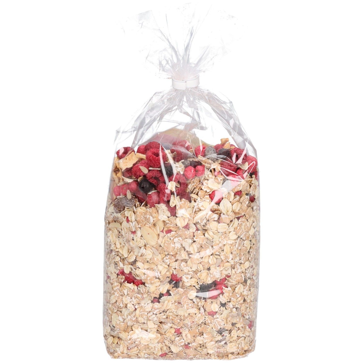 Transparente Tüte gefüllt mit Müsli. Rote Früchte und Getreideflocken sichtbar. Produktverpackung.
