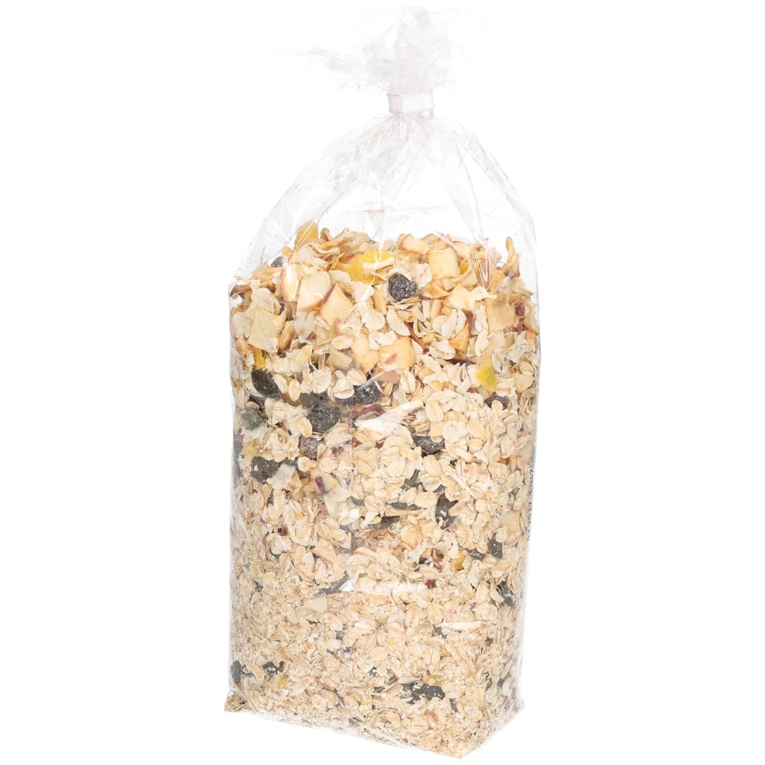 Klare Plastiktüte mit Müsli. Inhalt sichtbar. Keine Beschriftung.