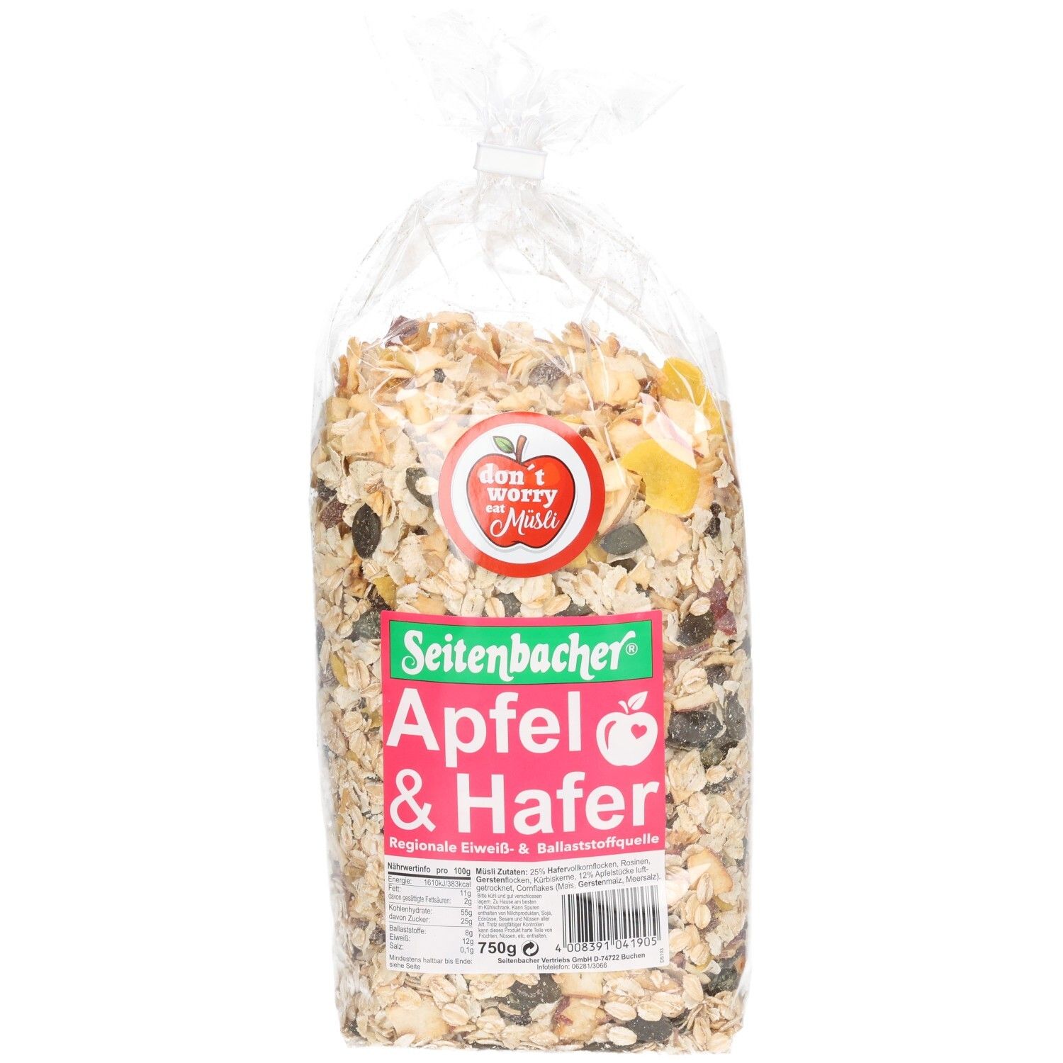 Klare Plastiktüte mit Müsli. Seitenbacher Apfel & Hafer Müsli. Rotes Logo mit Apfel. 750g Packung.