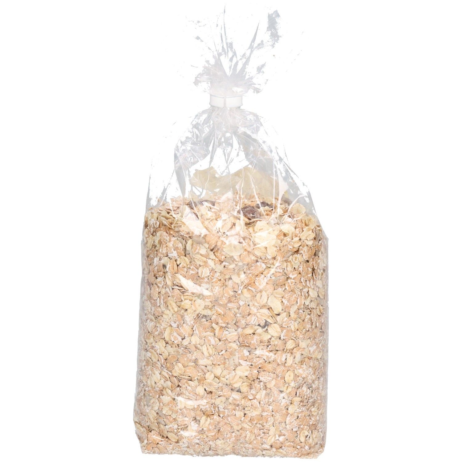 Transparente Tüte gefüllt mit Müsli. Sichtbares Müsli in der Tüte.