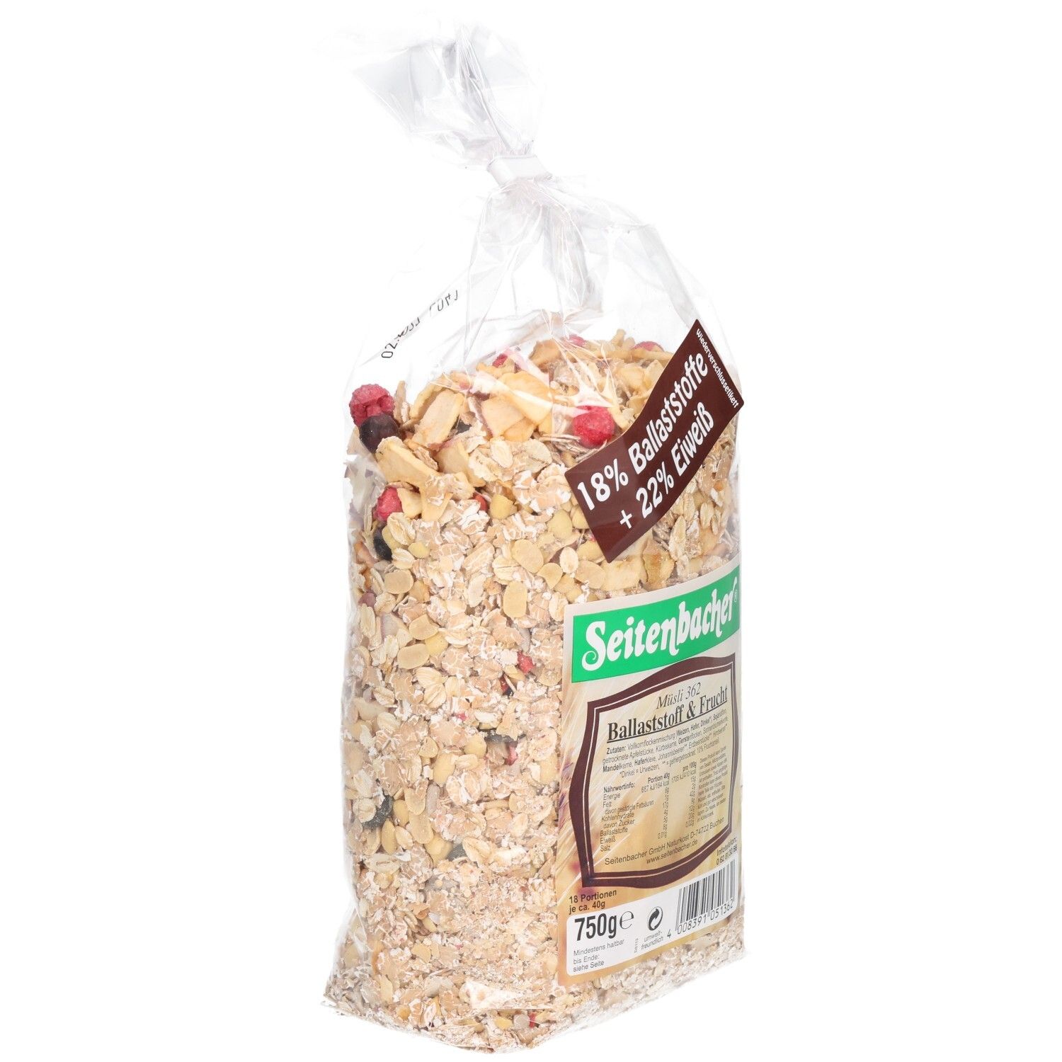 Transparente Tüte mit Müsli. Seitenbacher-Logo und Produktbezeichnung "Ballaststoff & Frucht" sichtbar. 750g.