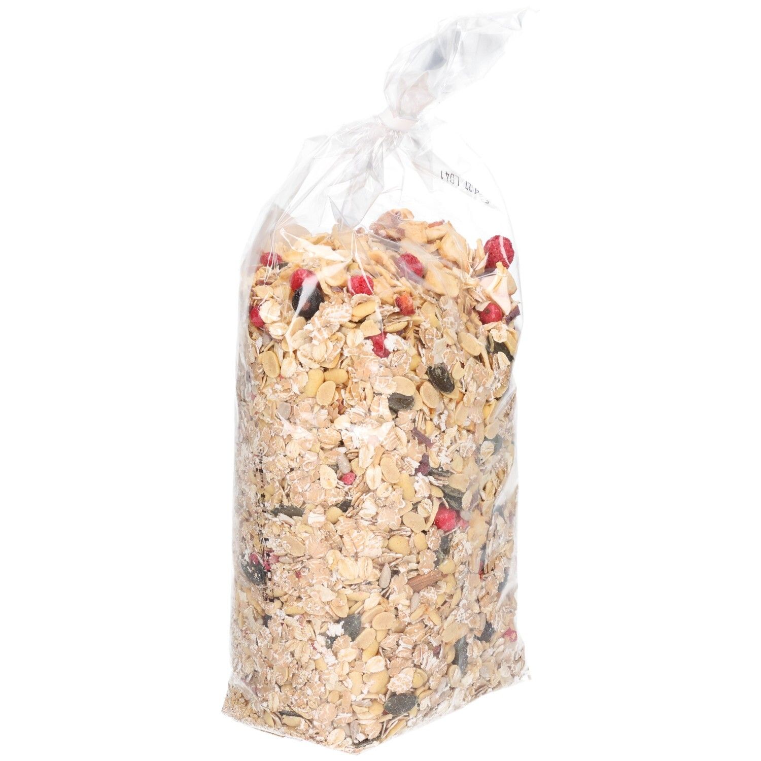 Transparente Tüte mit Müsli. Seitenbacher-Logo und Produktbezeichnung "Ballaststoff & Frucht" sichtbar. 750g.