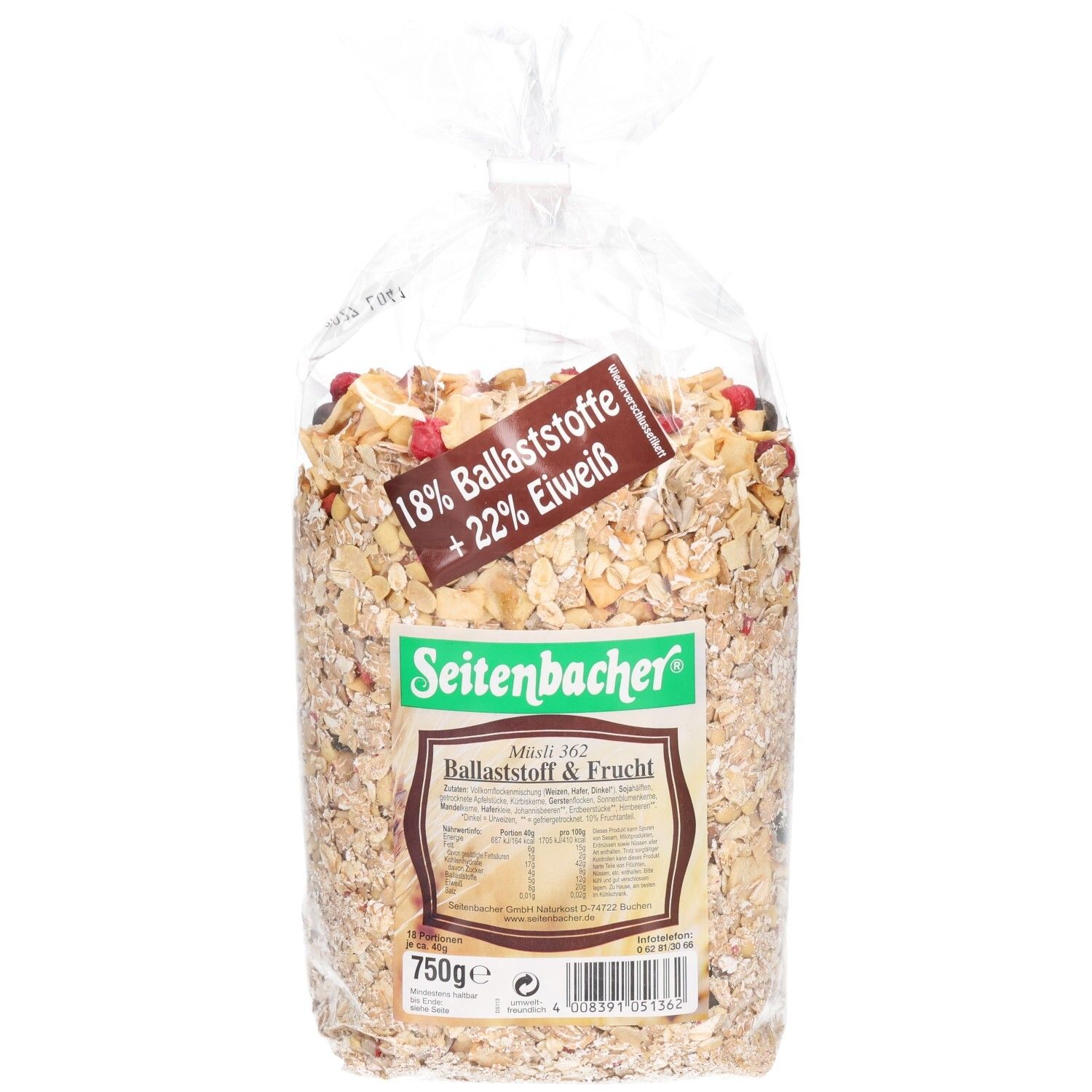 Transparente Tüte mit Müsli. Seitenbacher-Logo und Produktbezeichnung "Ballaststoff & Frucht" sichtbar. 750g.