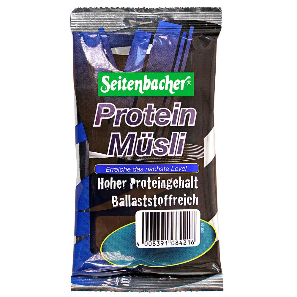 Seitenbacher Protein Müsli Portionsbeutel. Schwarze Verpackung mit Produktnamen und Logo. Text: Hoher Proteingehalt, ballaststoffreich.