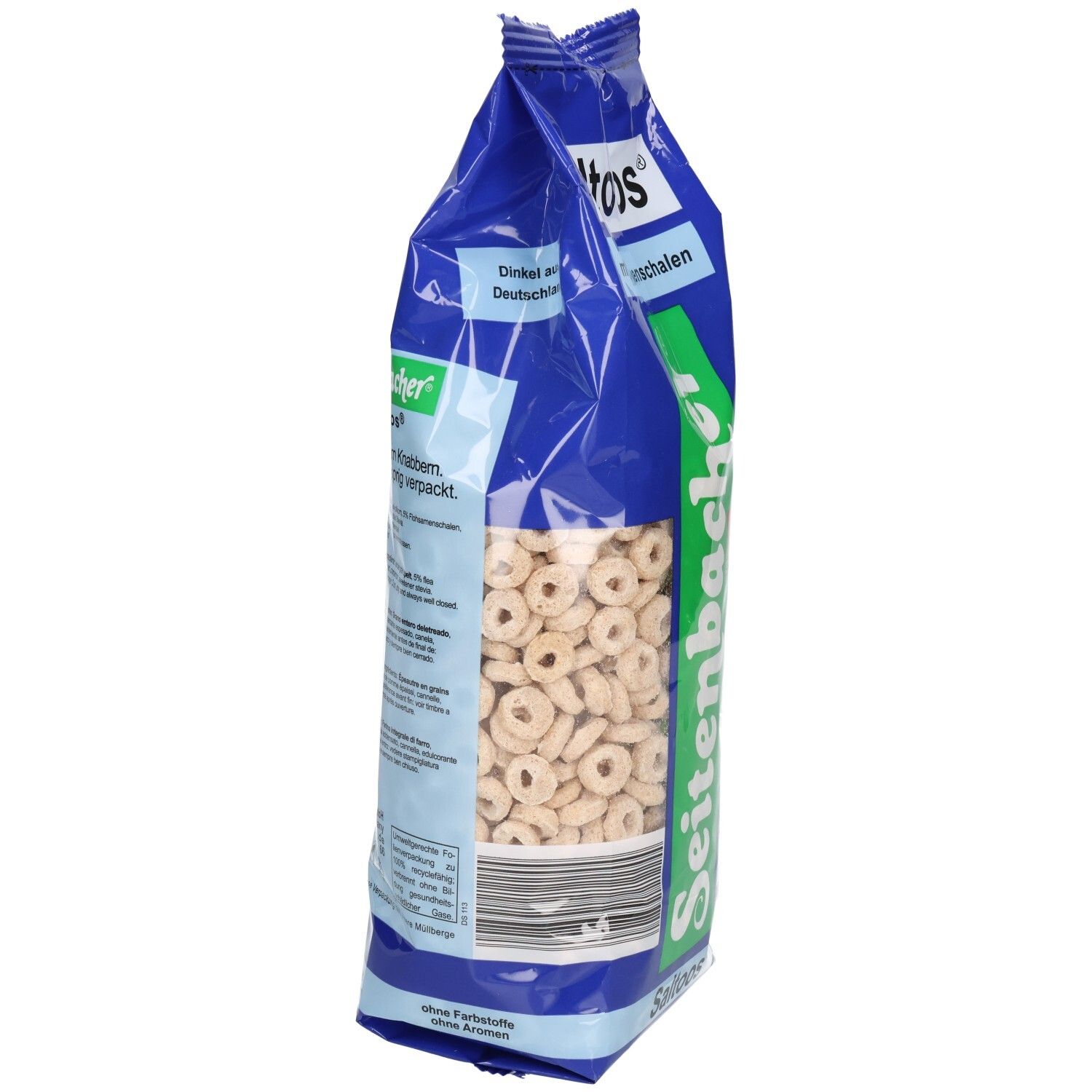 Blauer Beutel Saltoos zuckerarm. Ringförmige Cerealien. Seitenbacher Logo und Text. Rückseite mit Text und Barcode.