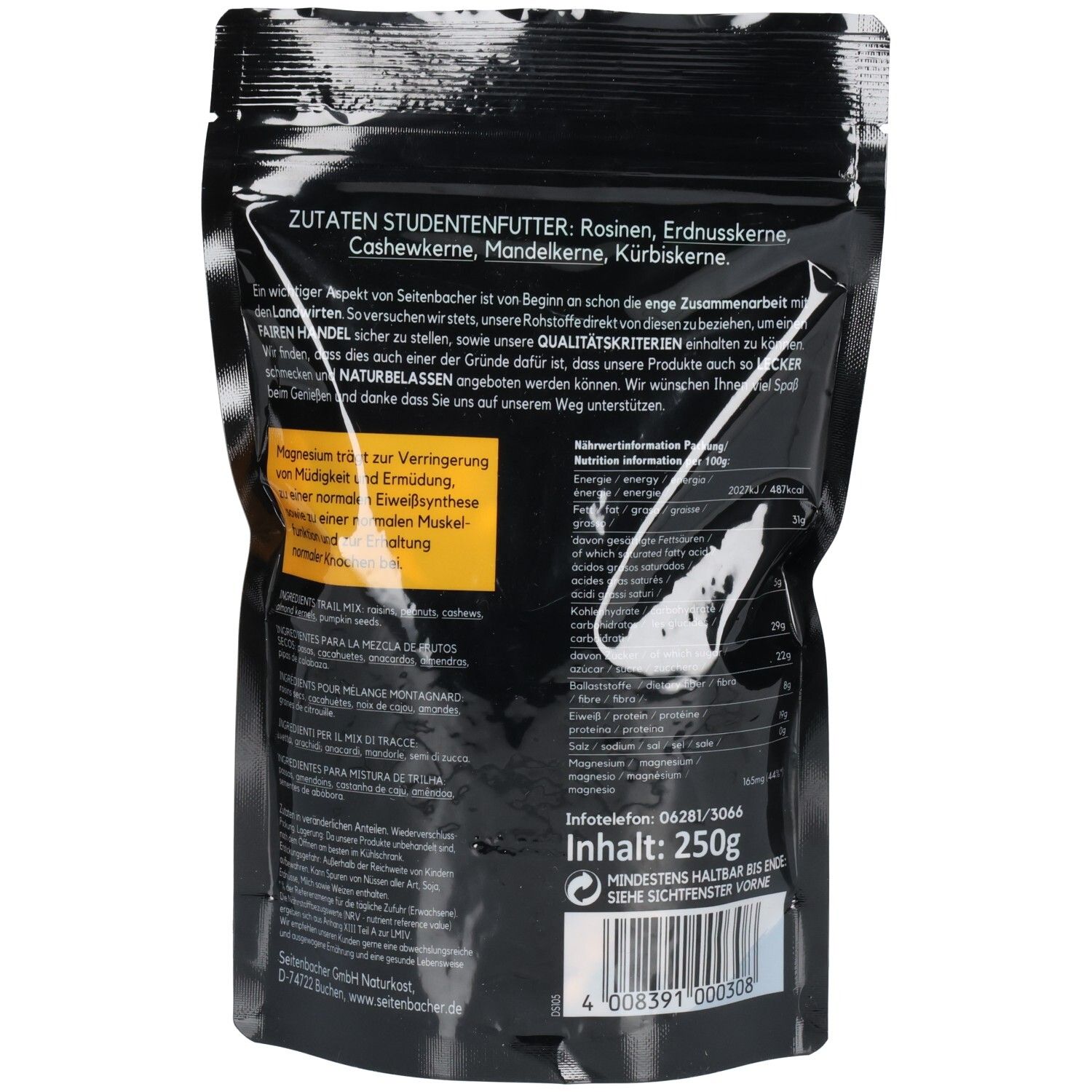 Rückseite der schwarzen Tüte Seitenbacher Studentenfutter. Textinformationen, Nährwertangaben und Zutatenliste. Fenster zeigt Inhalt.