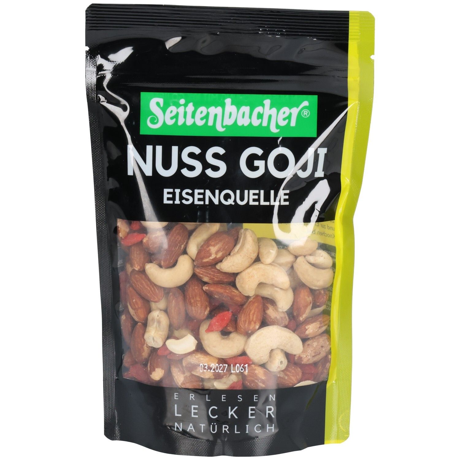Beutel mit Seitenbacher Nuss & Goji Mix. Sichtfenster zeigt Nüsse und Goji-Beeren. Grün-gelbes Etikett mit Markenname und Produktbezeichnung.