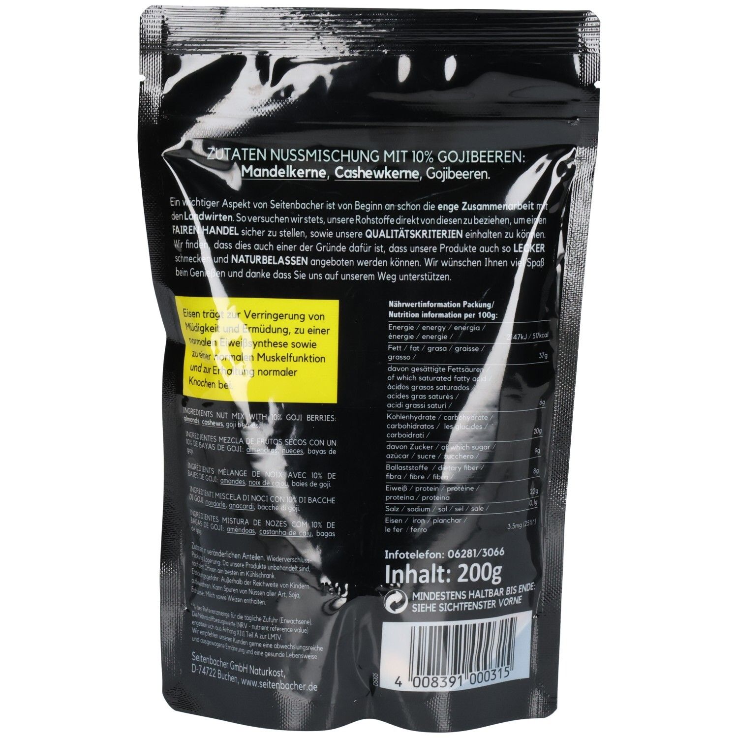 Rückseite der Verpackung von Seitenbacher Nuss & Goji Mix. Schwarzer Beutel mit Text und Nährwertangaben. Enthält 200g.