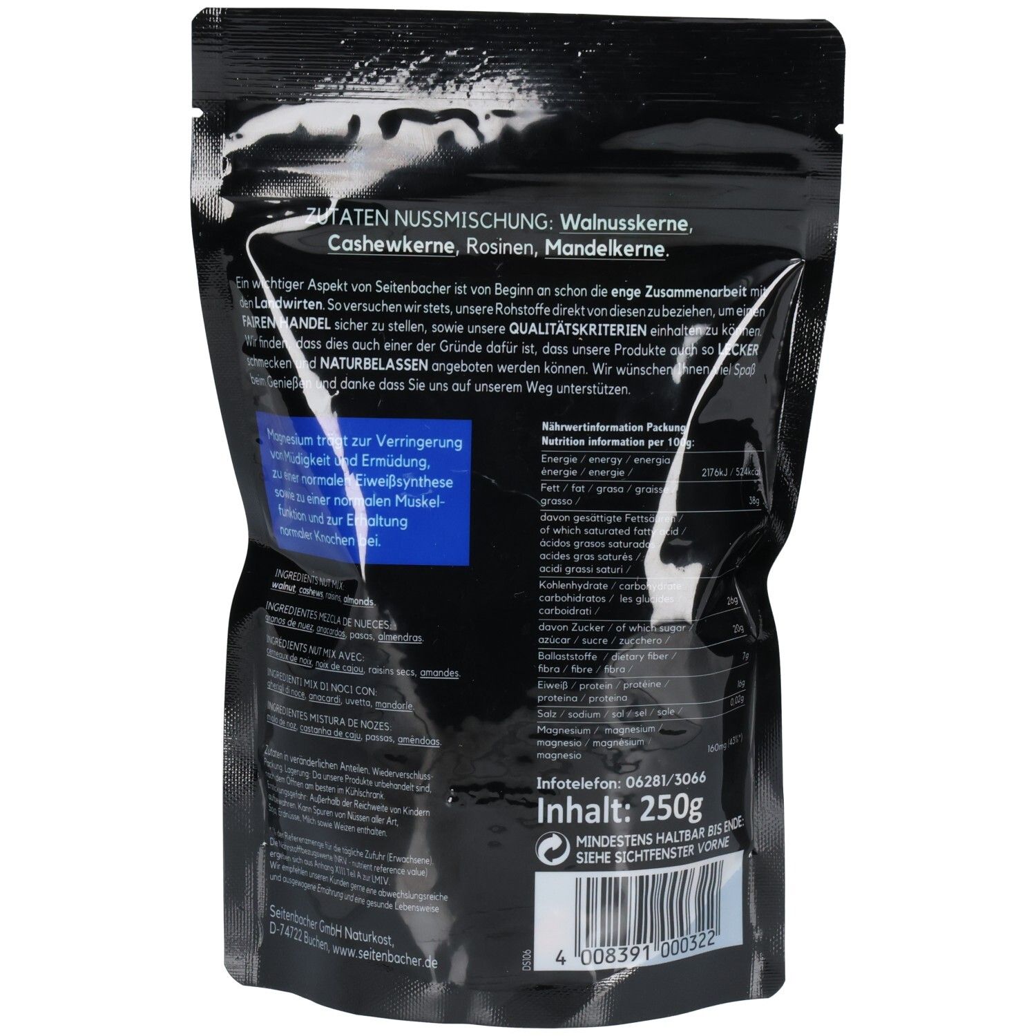 Rückseite der schwarzen Tüte. Text in Deutsch. Enthält Zutaten, Nährwertangaben und Mindesthaltbarkeitsdatum. 250g.