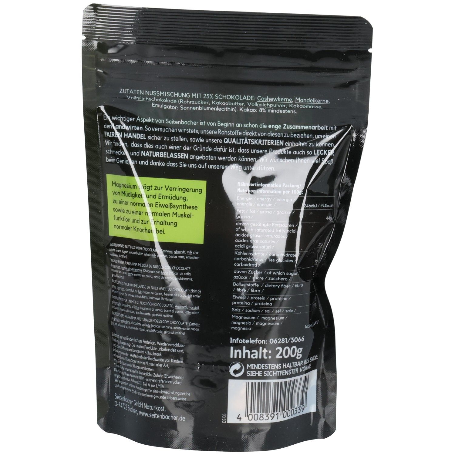 Rückseite der schwarzen Tüte mit Seitenbacher Schoko-Nuss-Mischung. Textinformationen in mehreren Sprachen. Angabe des Inhalts: 200g.