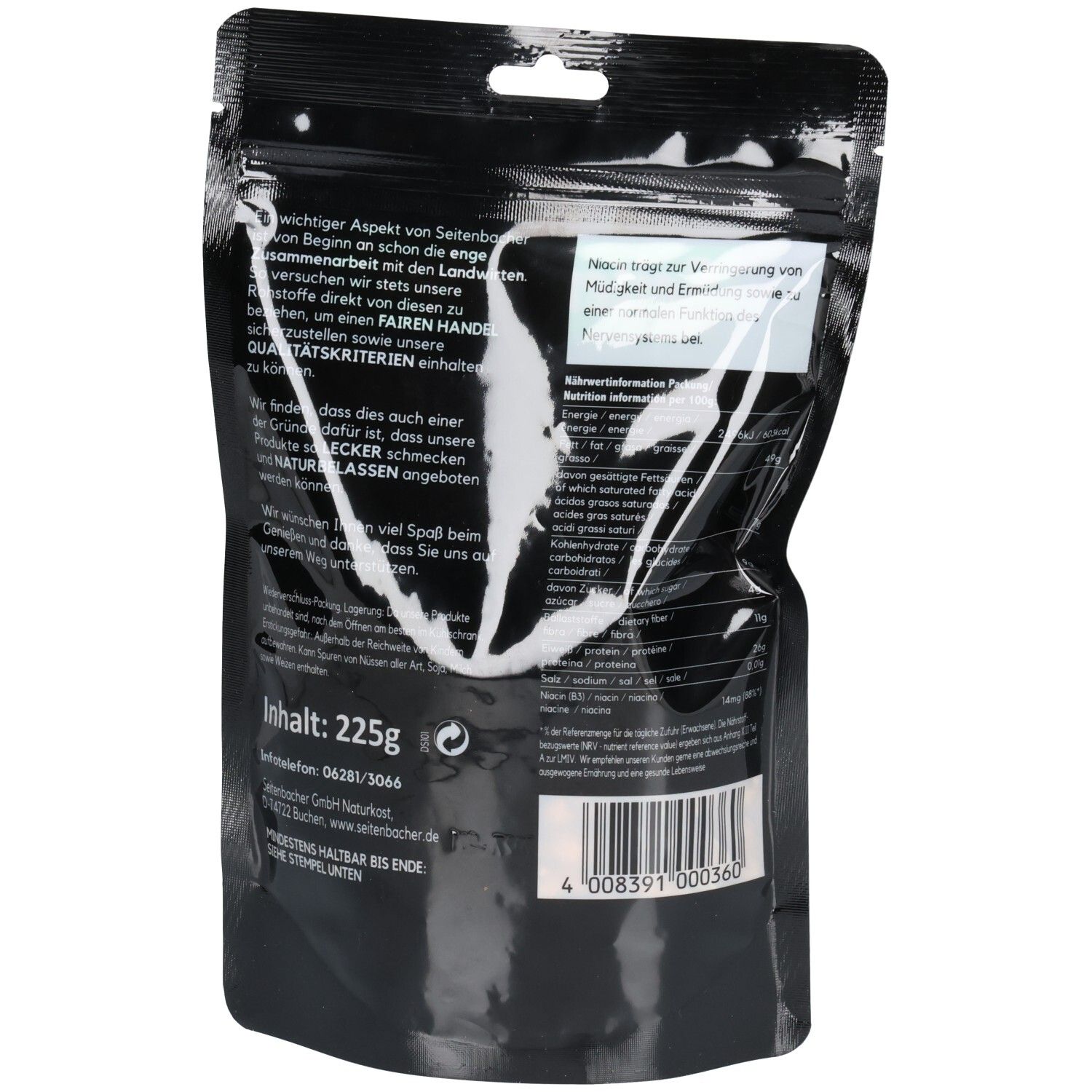 Rückseite der schwarzen Tüte mit Text und Nährwertangaben. Seitenbacher-Logo und Barcode.