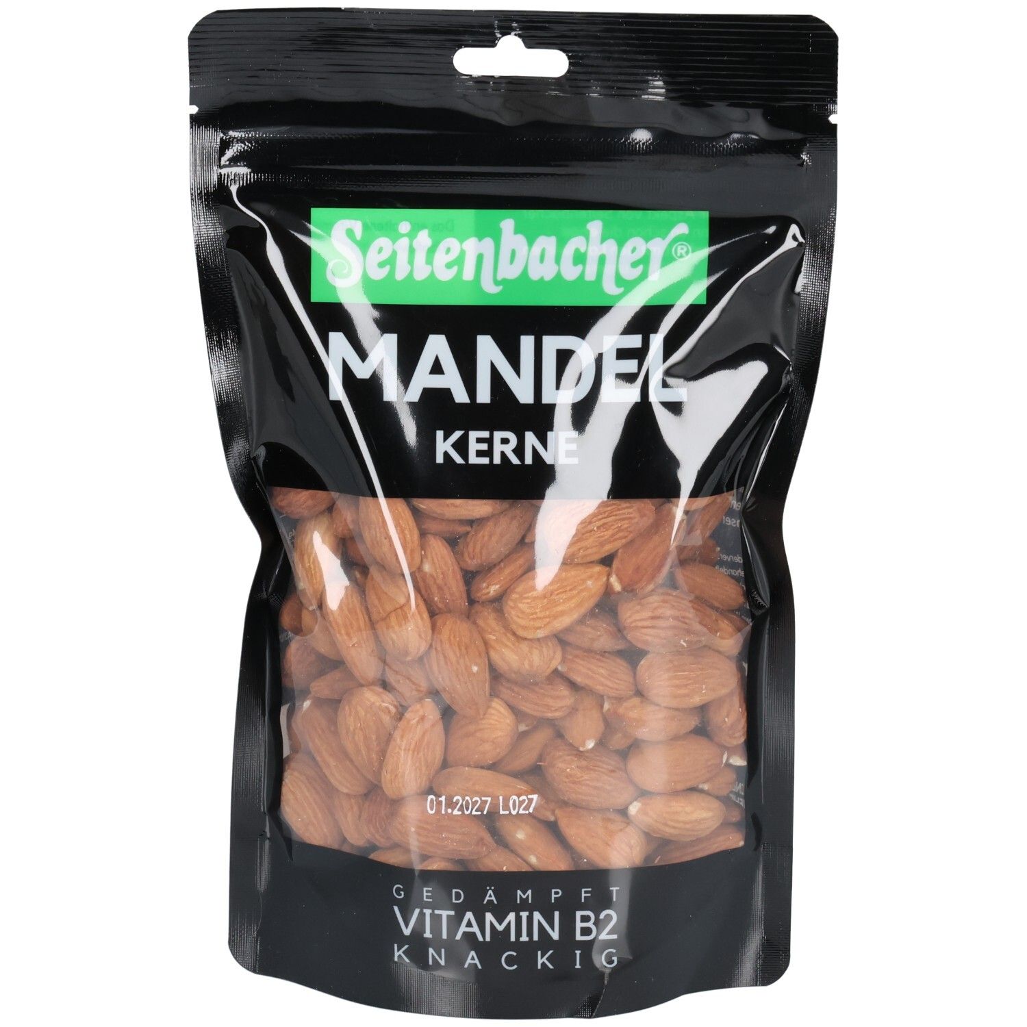 Seitenbacher Mandel Kerne in schwarzer Verpackung. Sichtfenster zeigt Mandeln. Grün-weißer Markenname, darunter Produktbezeichnung.