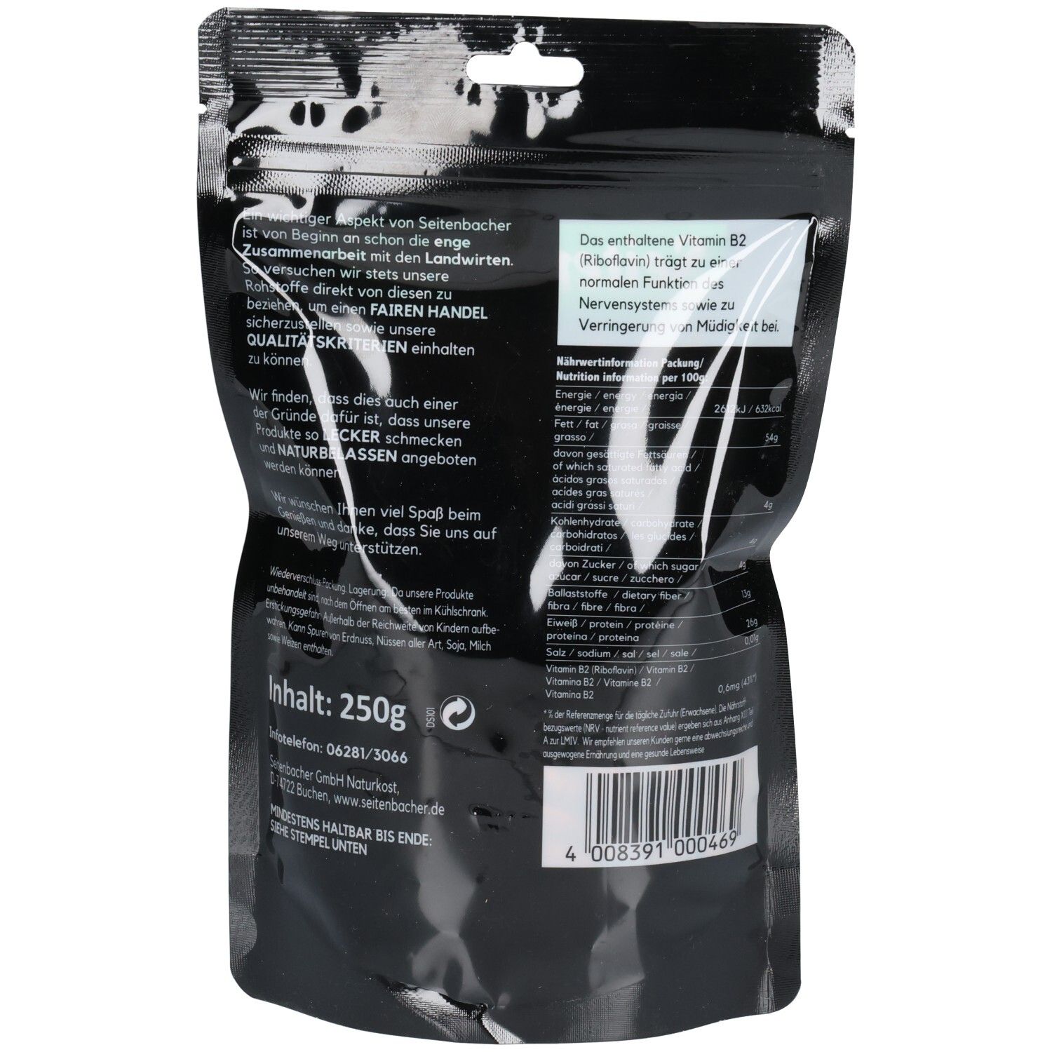 Rückseite der Verpackung von Seitenbacher Mandel Kerne. Text in Deutsch. Nährwertangaben und Barcode sichtbar.