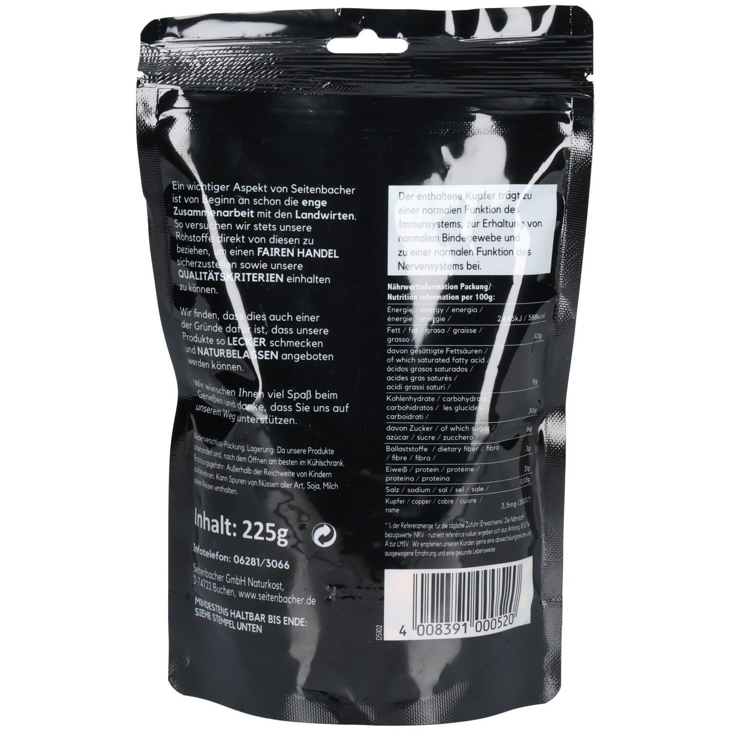 Rückseite der schwarzen Tüte mit Text. Enthält Nährwertangaben und Informationen. Text in deutscher Sprache. 225g Inhalt.